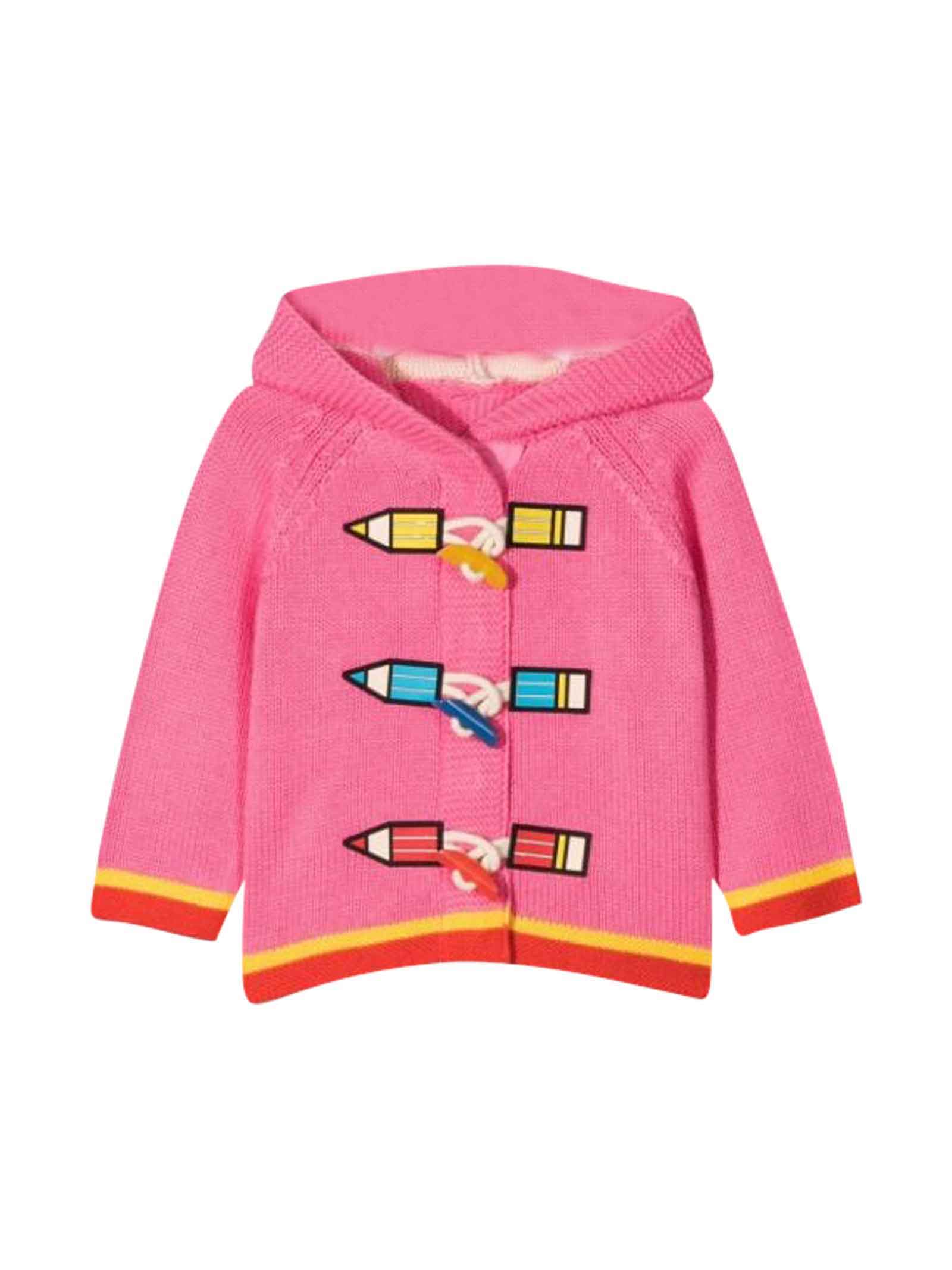 Stella McCartney Kids Pink Cardigan With Colored Press, Long Sleeve And Hood