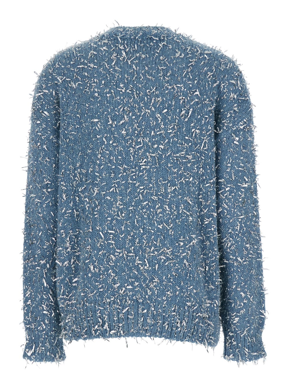 Shop Msgm Light Blue Crewneck Sweater With All-over Frayed Details In Cotton Blend Woman