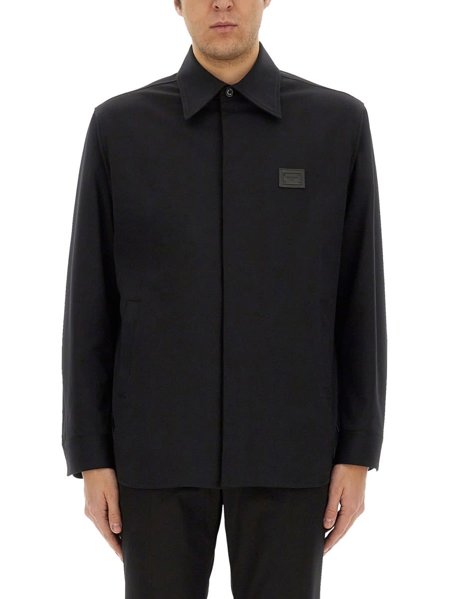 Dolce & Gabbana Men Technical Fabric Shirt With Plaque In Black
