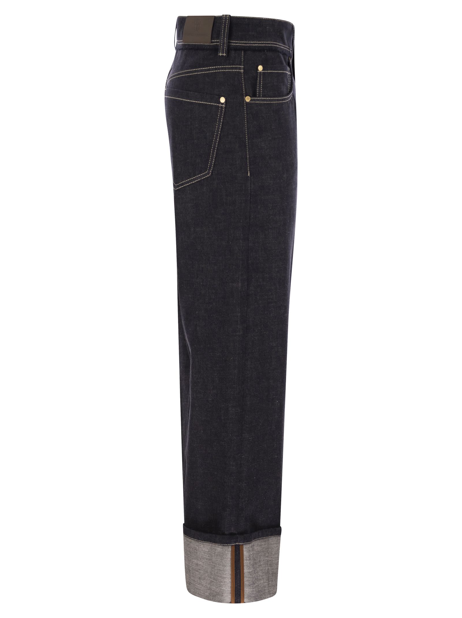 Brunello Cucinelli Women Crop Denim Trousers With Turn-ups In Dark Denim