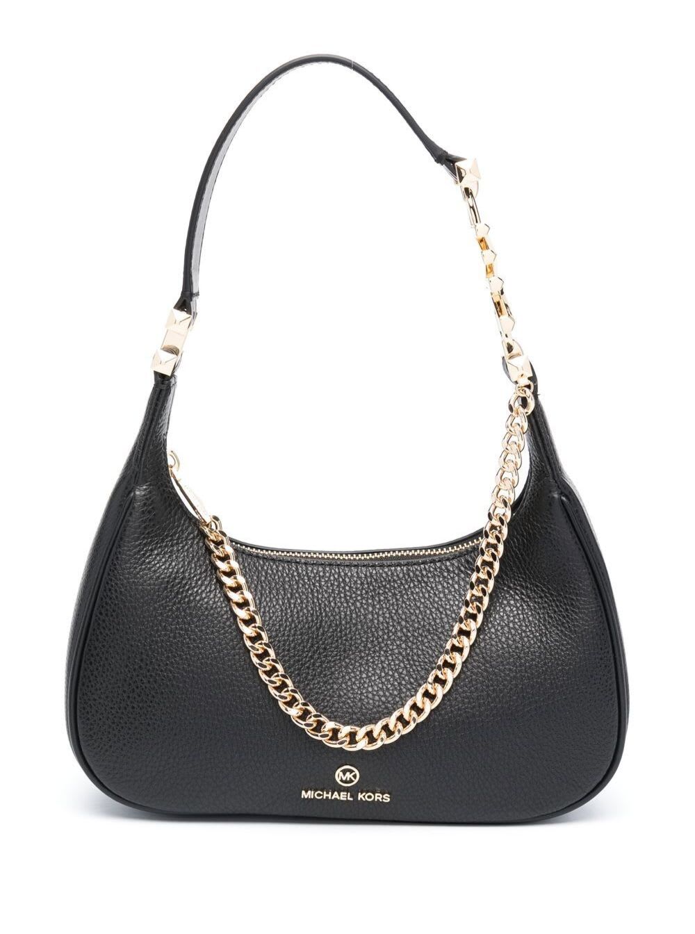piper Black Shoulder Bag With Chain And Logo In Hammered Leather Woman