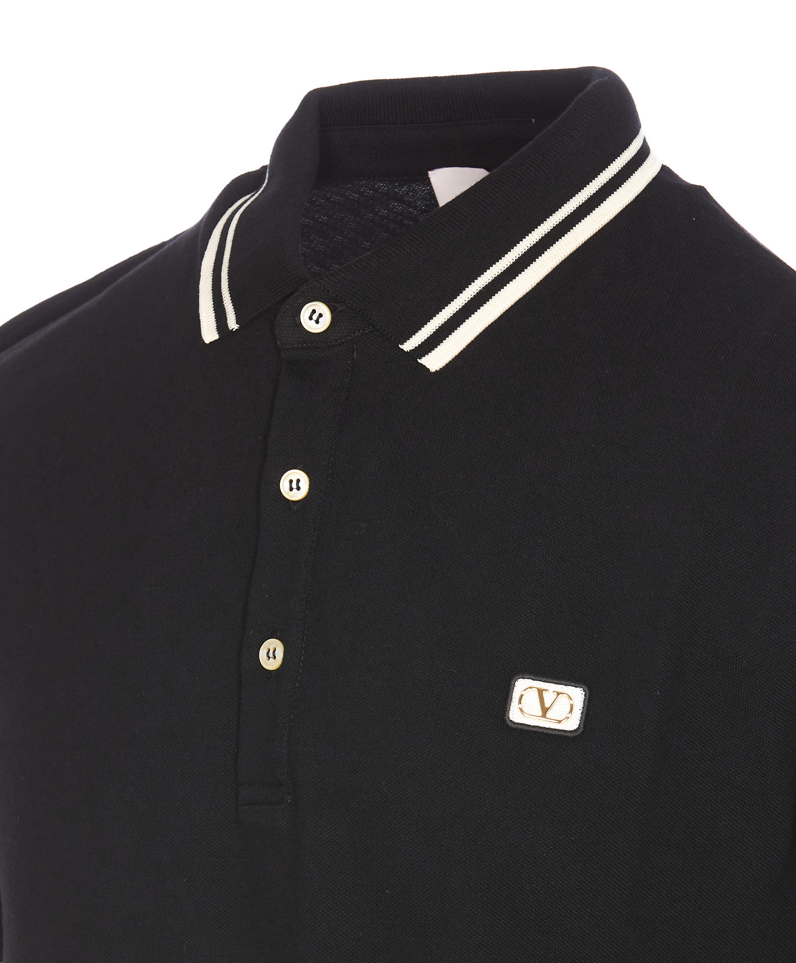 Valentino Garavani Black Polo Shirt With Classic Bicolor Collar And Logo Patch On The Front In Cotto In Black