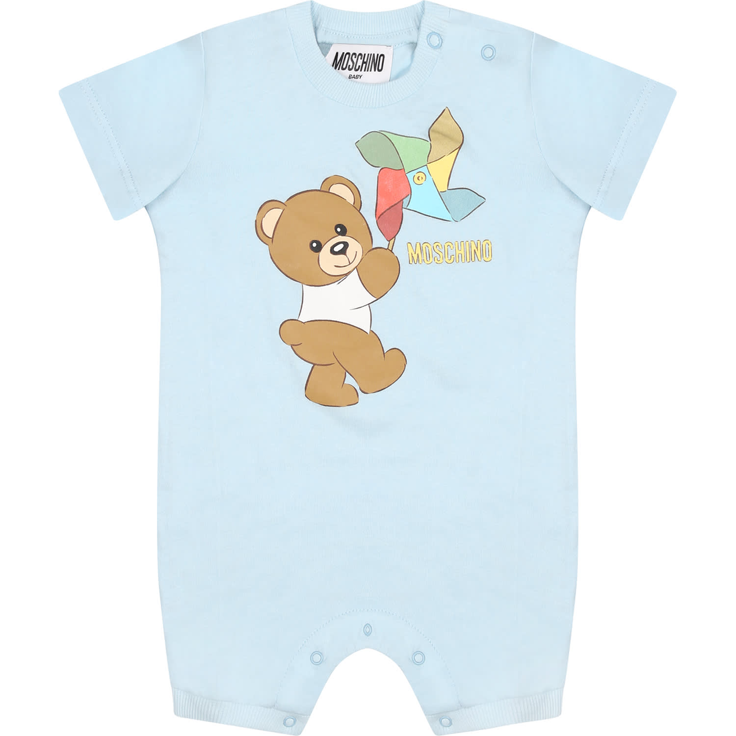 Moschino Light Blue Bodysuit For Baby Boy With Teddy Bear And Pinwheel