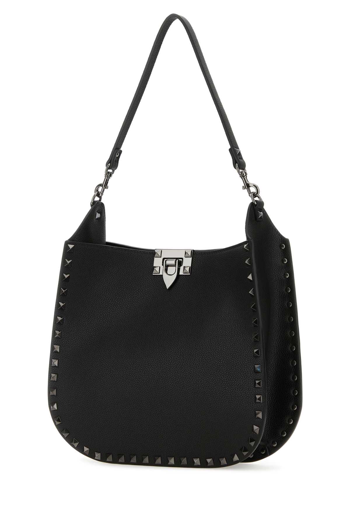 Shop Valentino Black Leather Hobo Rockstud Handbag In Nero