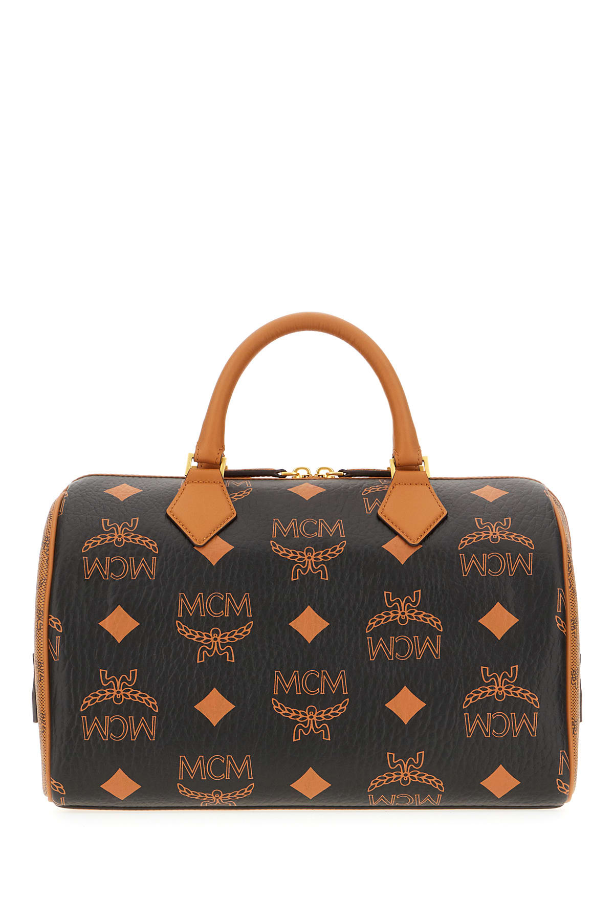 Shop Mcm Printed Synthetic Leather Handbag In Black