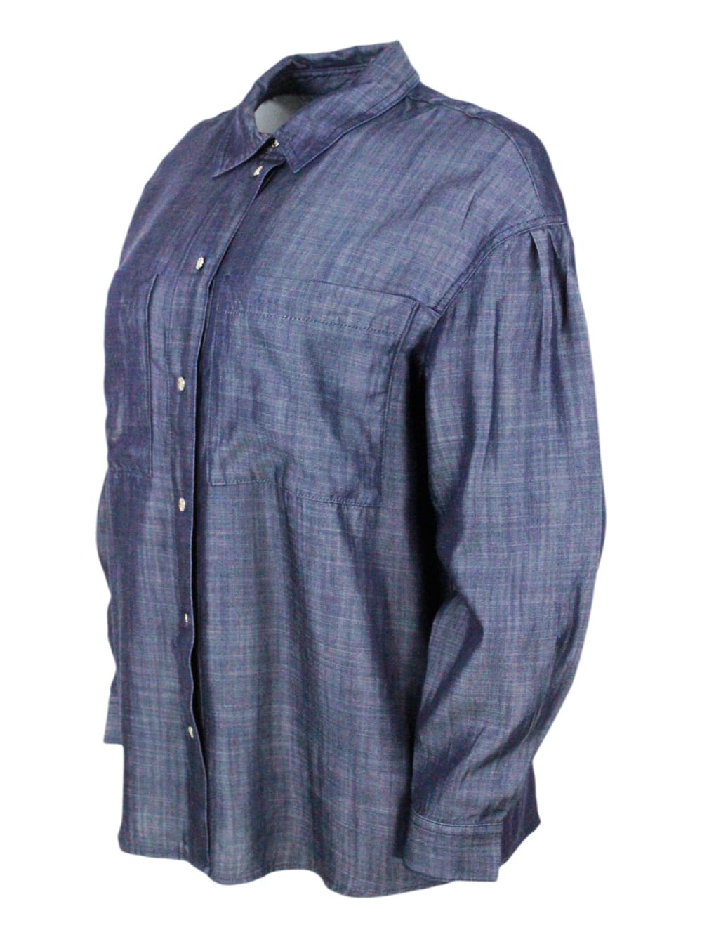Shop Armani Collezioni Lightweight Long-sleeved Denim Shirt With Chest Pockets And Button Closure In Denim Dark