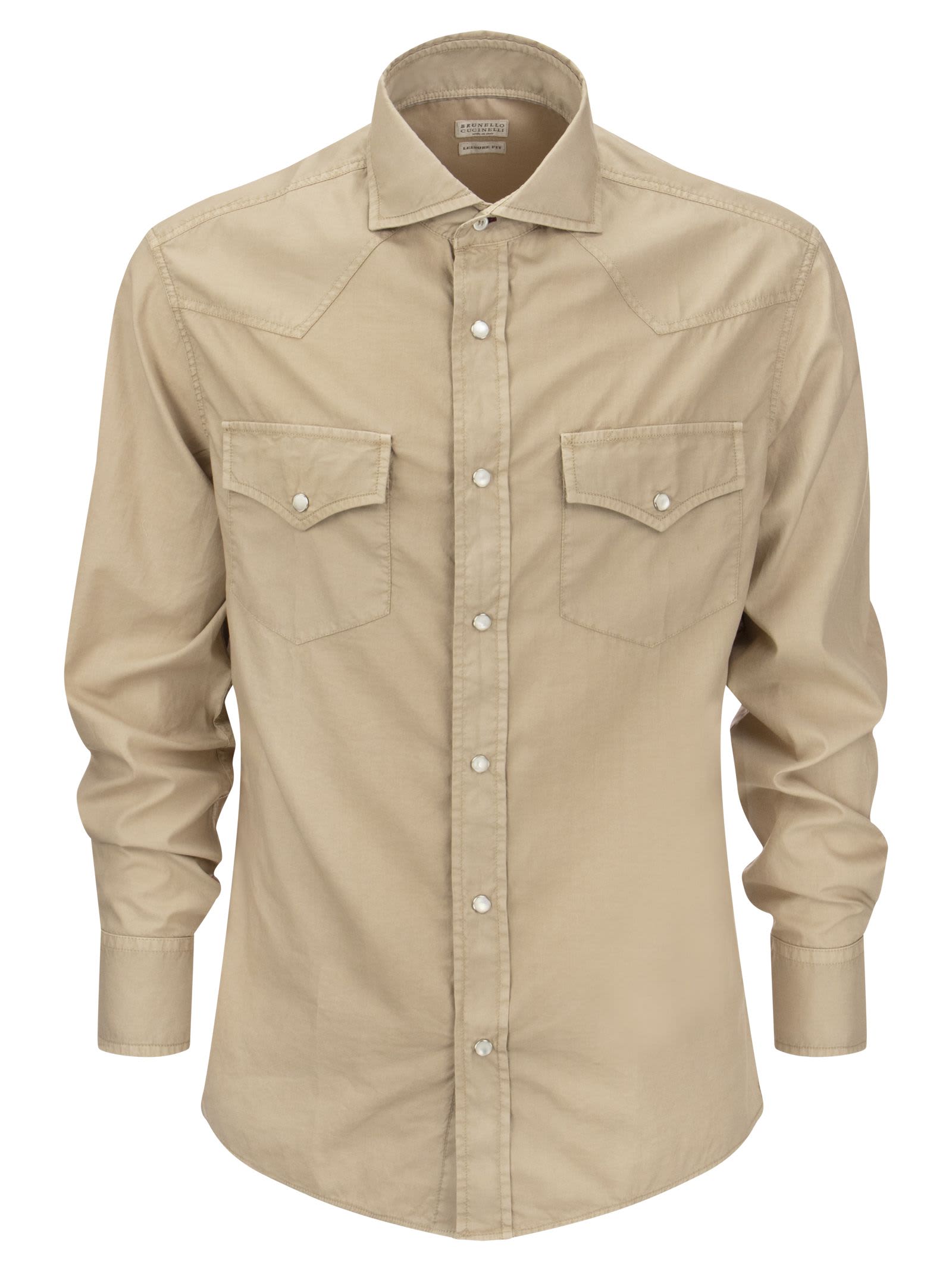 Brunello Cucinelli Garment Dyed Oxford Leisure Fit Shirt With Press Studs, Shoulder Pad And Pockets