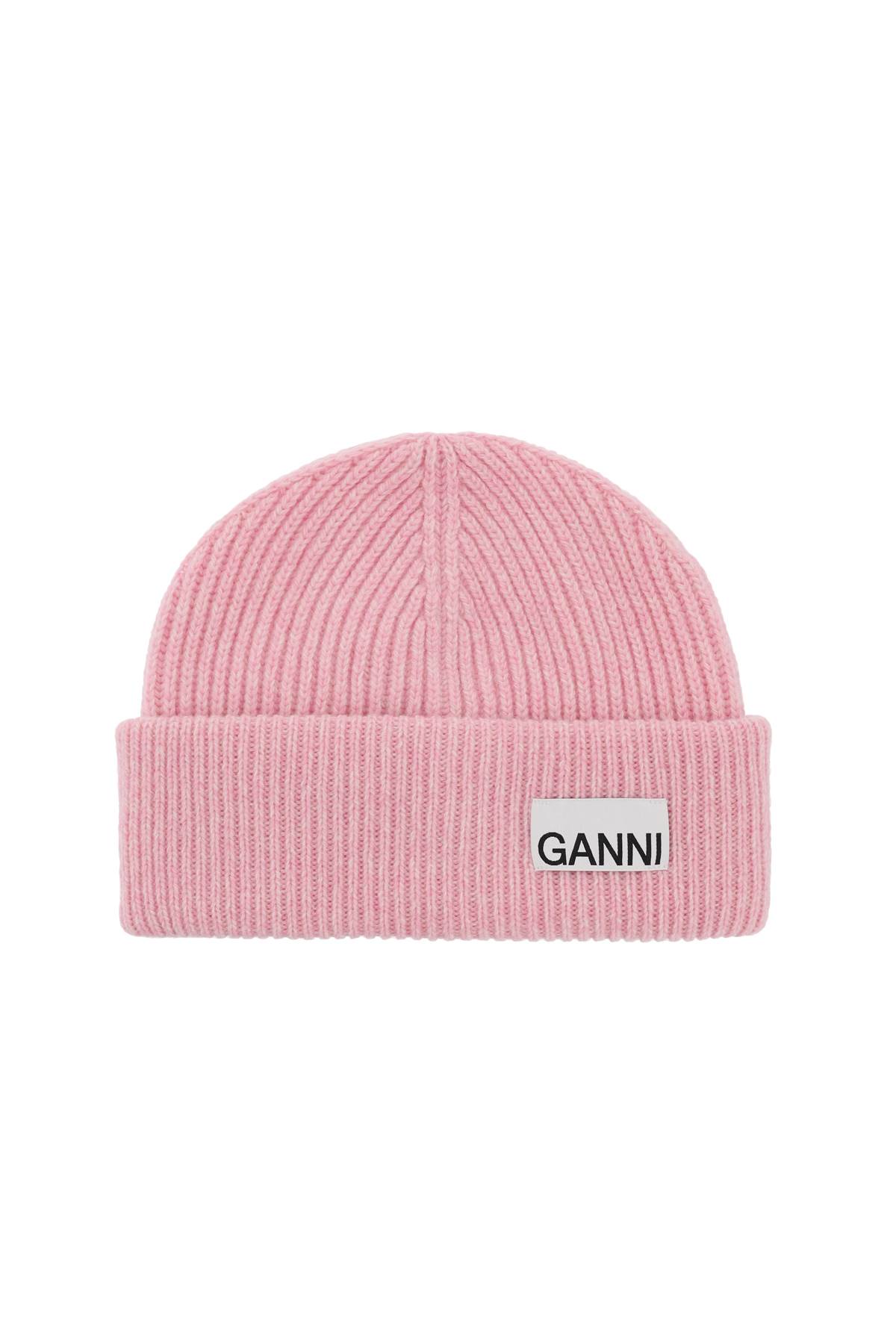 Shop Ganni Beanie Hat With Logo Label In Mauve Chalk (pink)