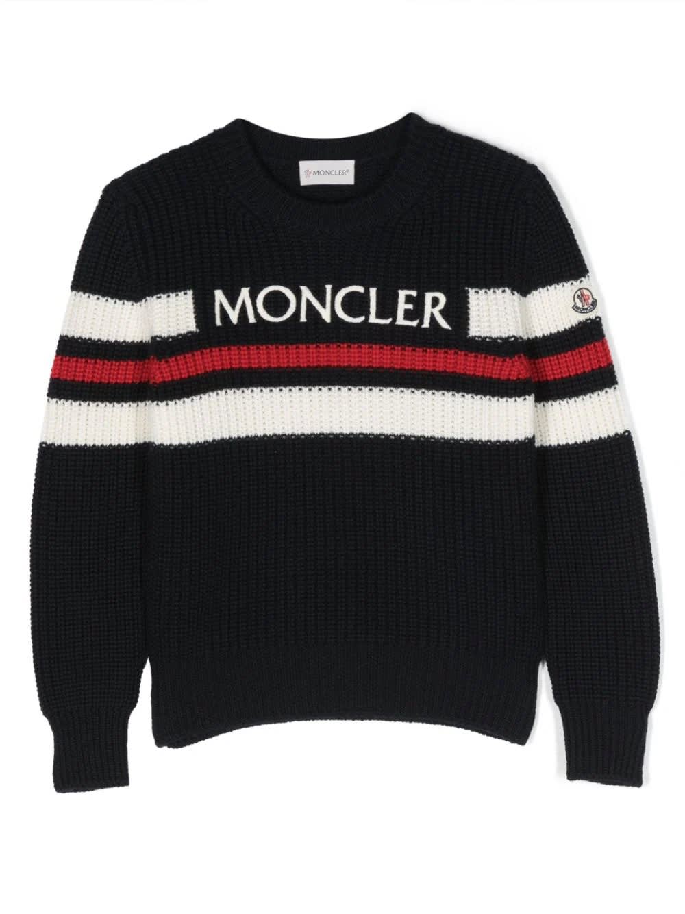 MONCLER BLUE SWEATER WITH TRICOLOUR DETAIL