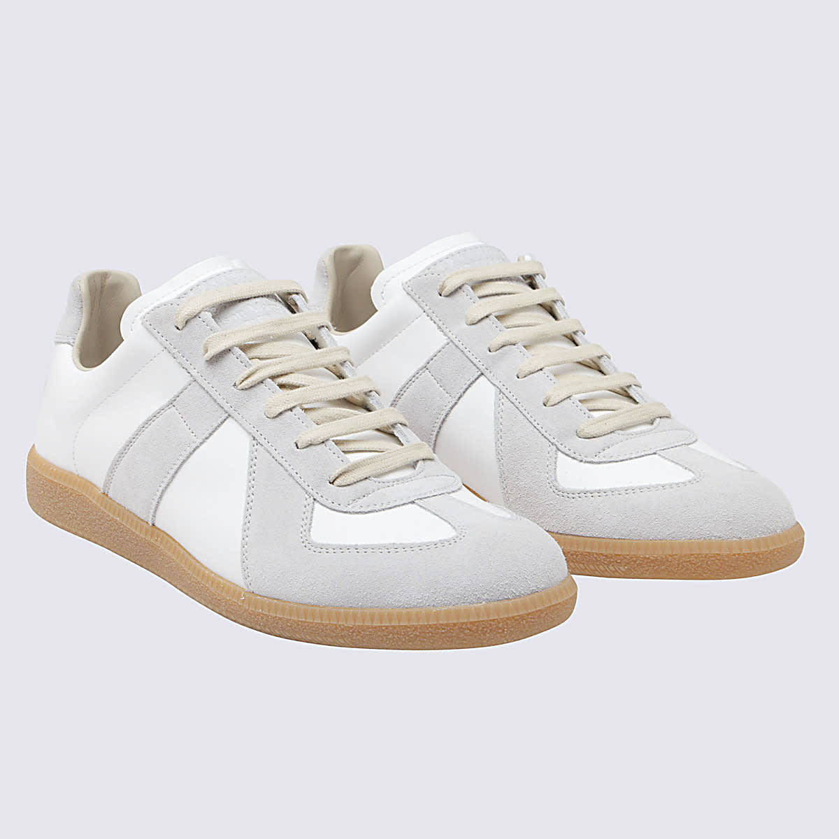 Shop Maison Margiela Off White Leather And Grey Suede Replica Sneakers In Beige