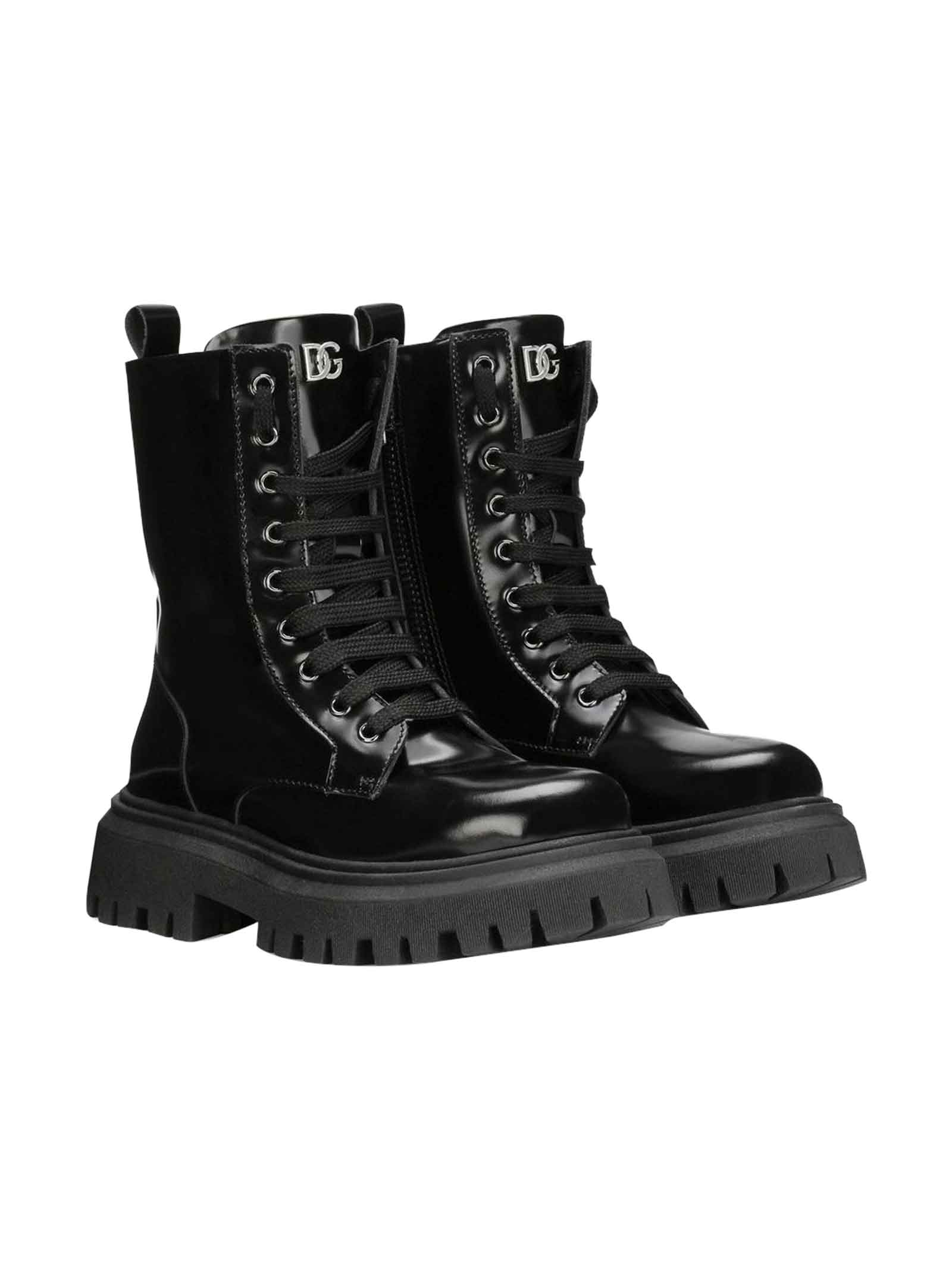 Dolce & Gabbana Girl Black Boots With Silver Logo Plate