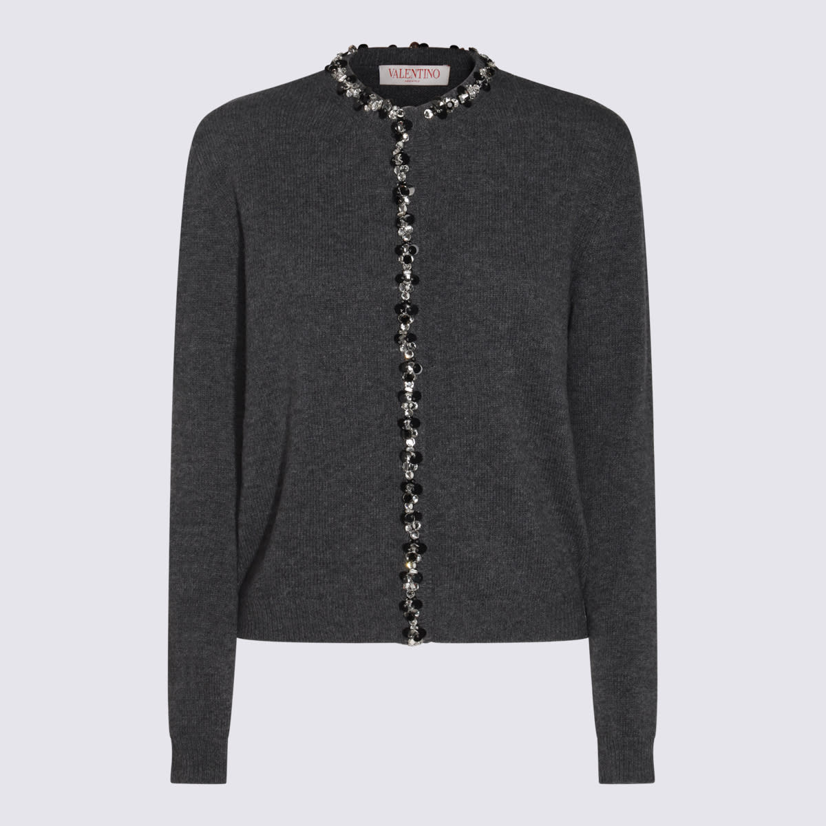 Valentino Embellished Crewneck Cardigan In Grey Dark Melange