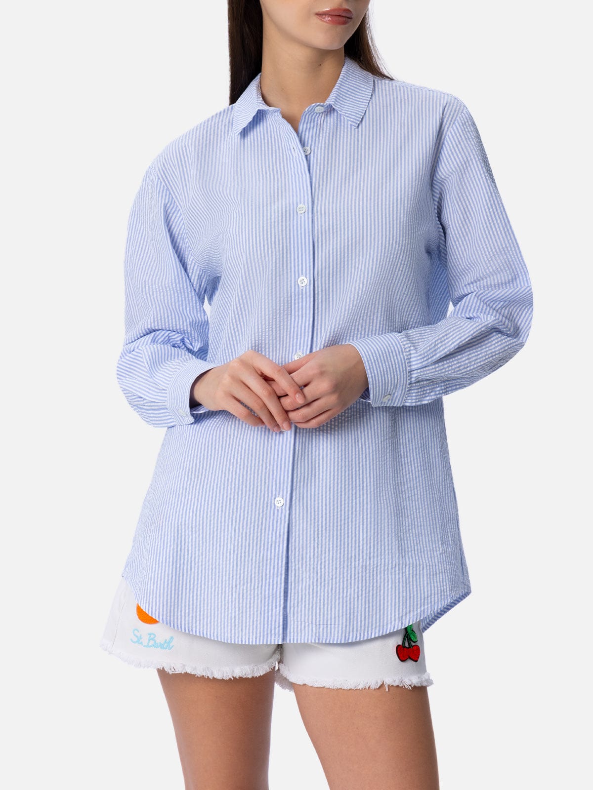 Shop Mc2 Saint Barth Woman Seersucker Cotton Shirt Brigitte With Striped Print In Sky