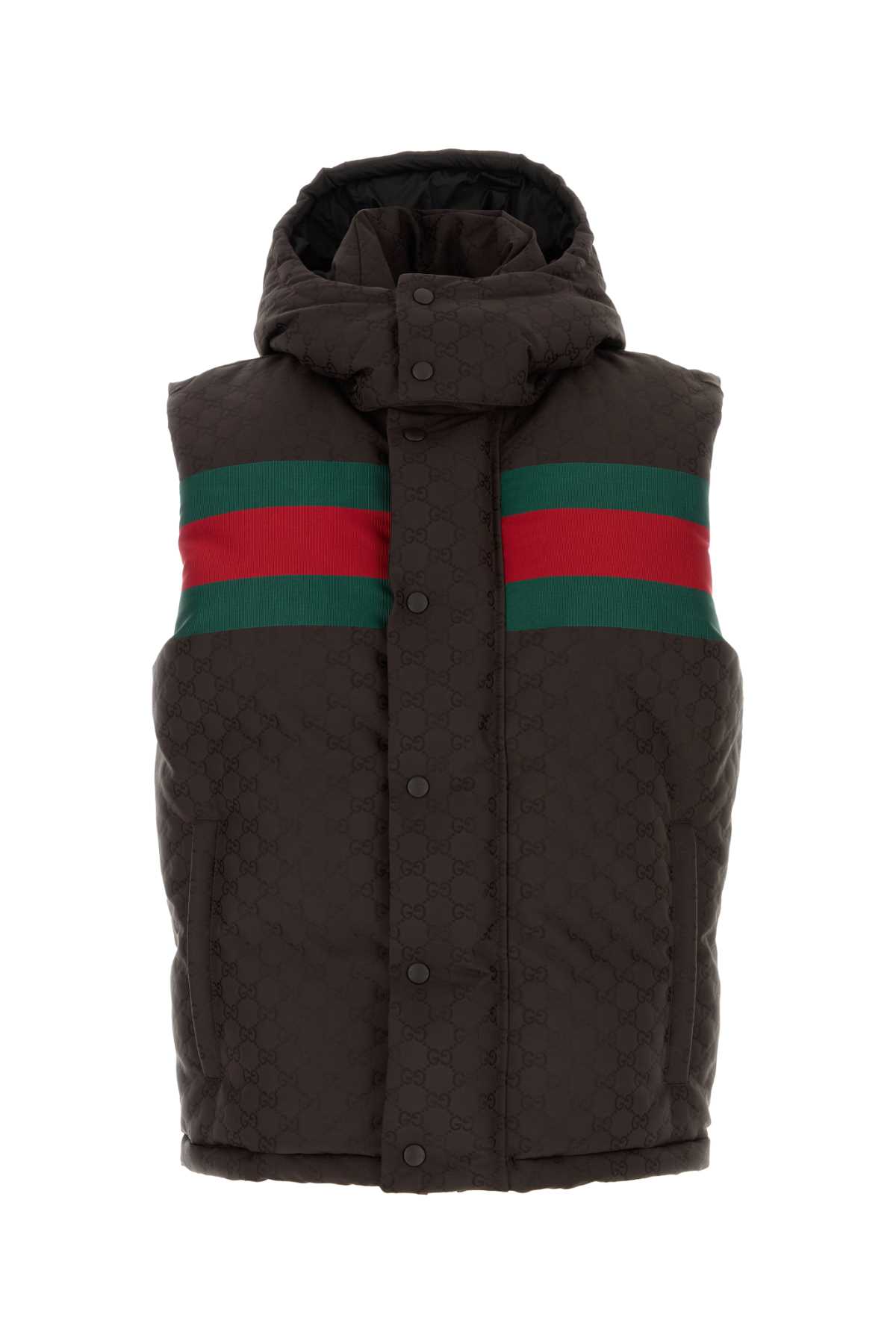 Shop Gucci Dark Brown Gg Polyester Blend Sleeveless Down Jacket In Browngreenred