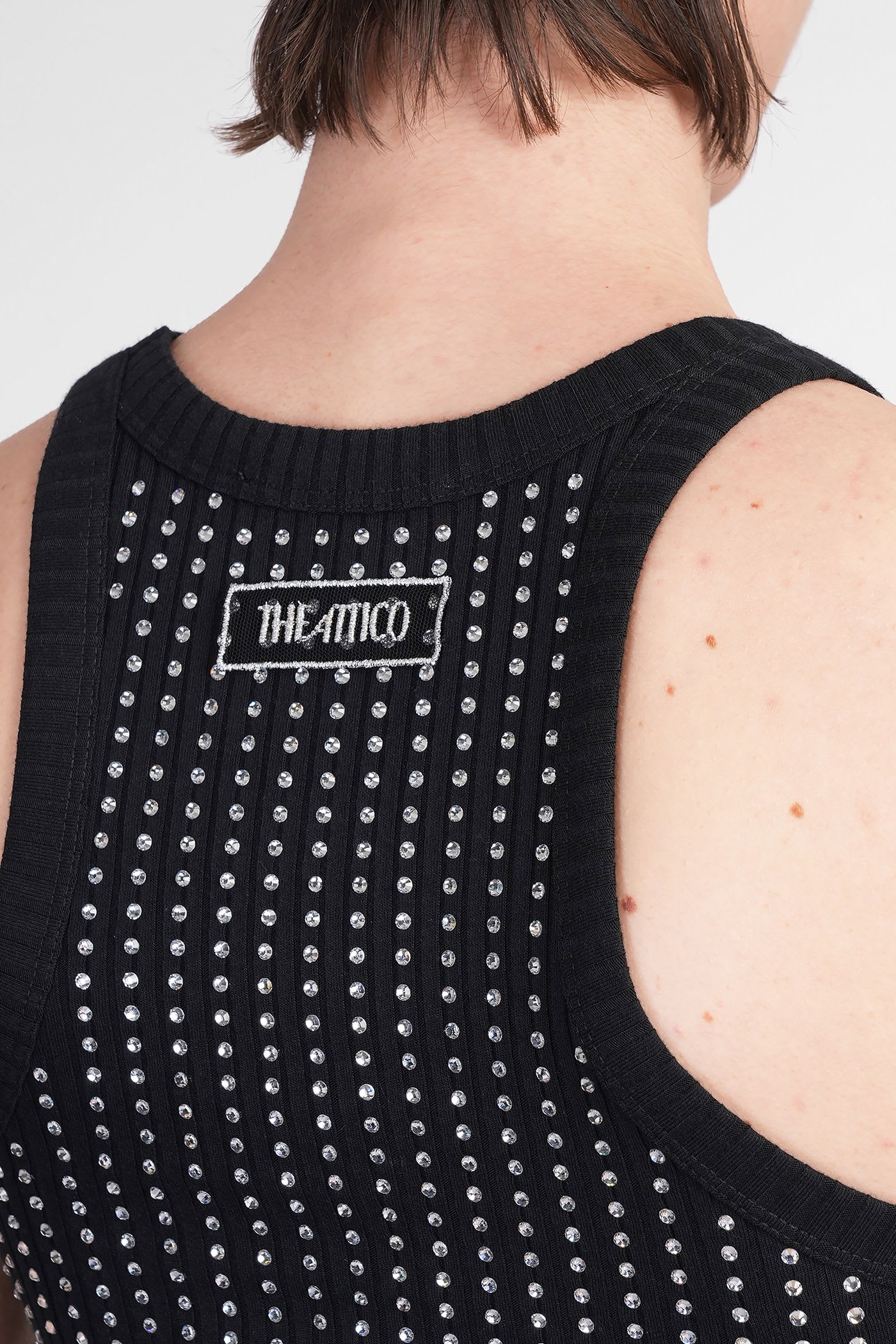 Attico Black Tank Top With Strass Tops Black In Black
