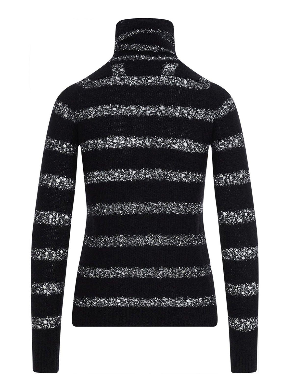 Shop Saint Laurent Striped Lurex Turtleneck Sweater In Black