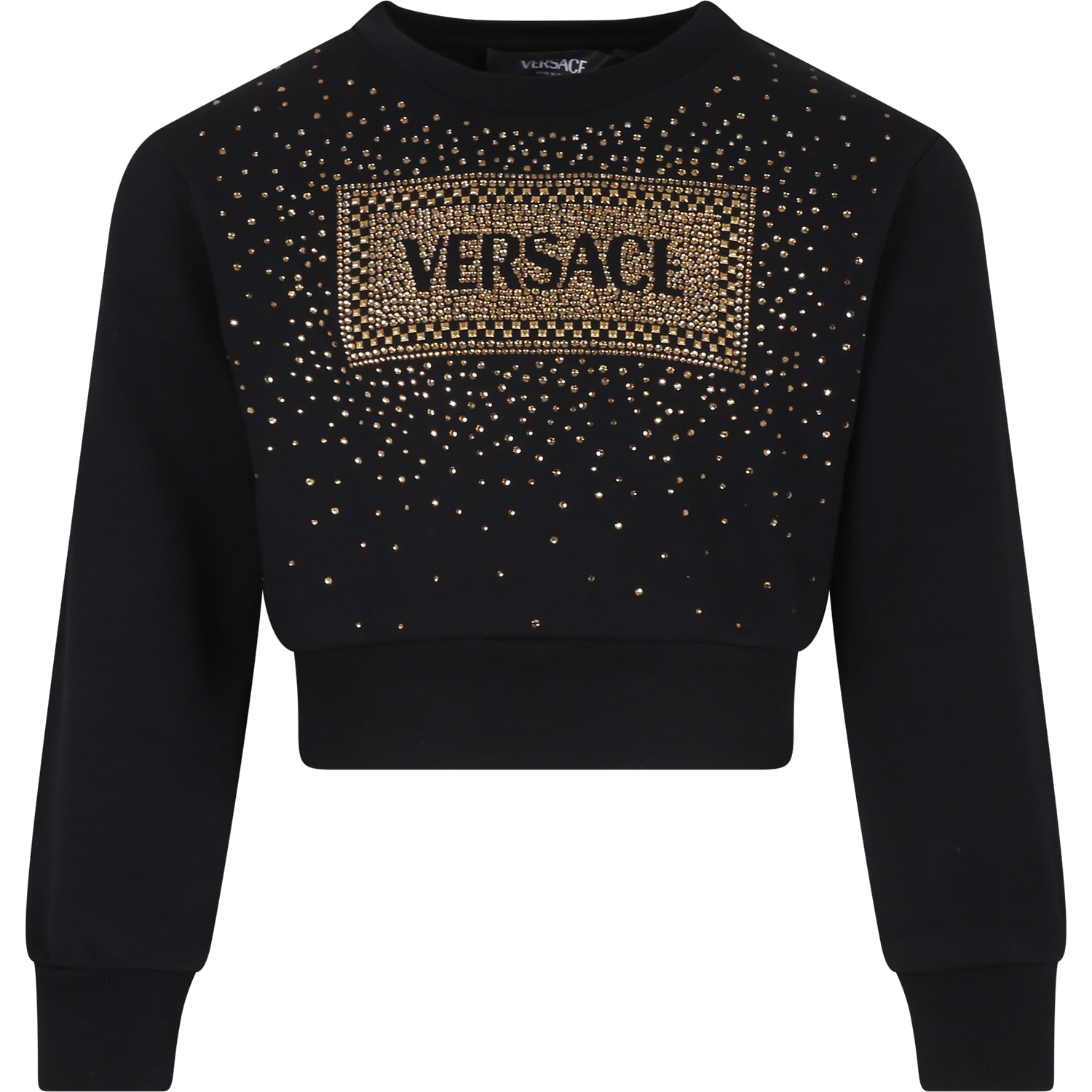 Versace Kids' Black Crop Sweatshirt For Girl With Logo And Crystals