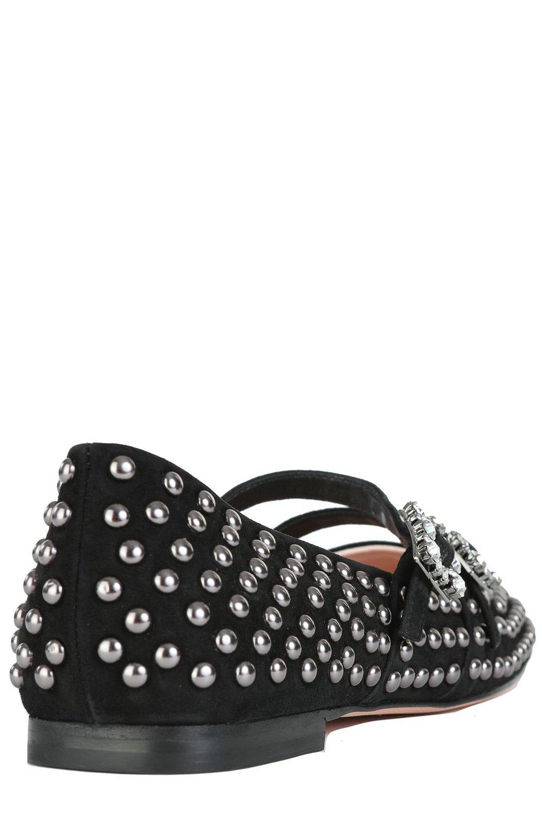 Roger Vivier Stud Embellished Buckle Strap Flat Shoes In Black