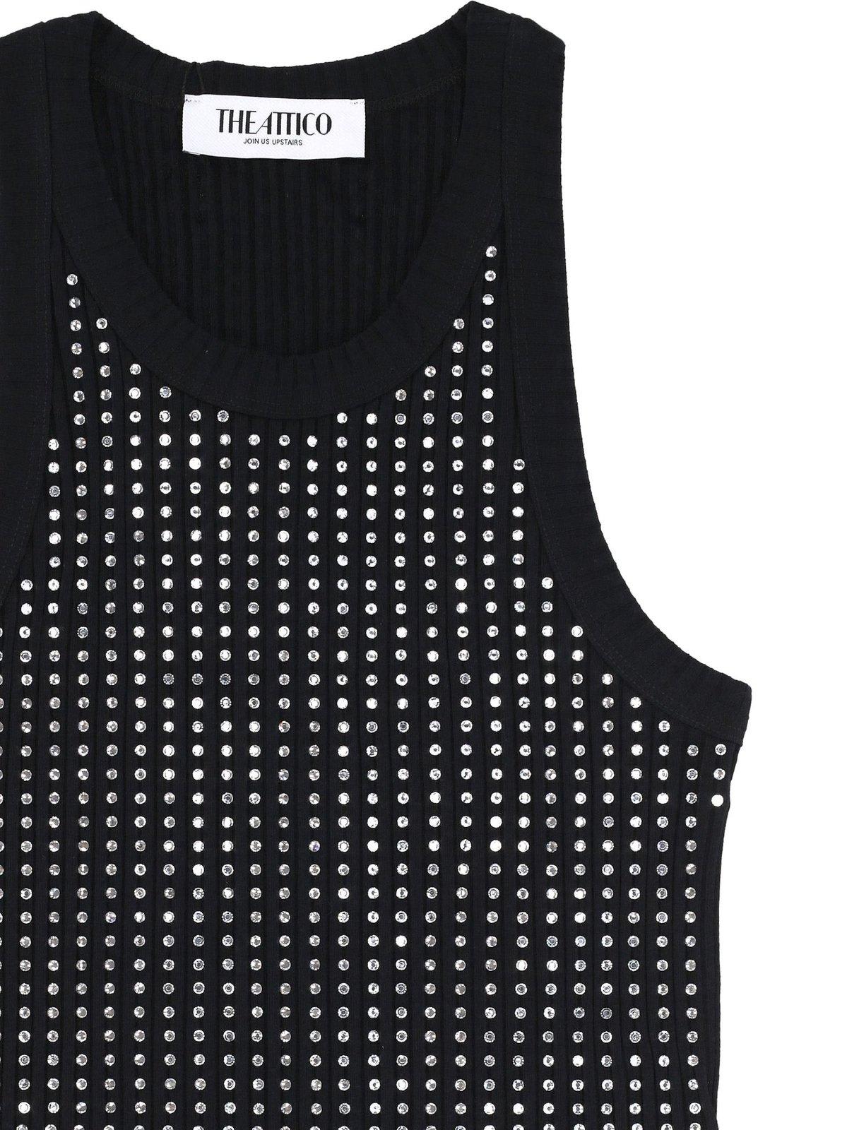 Attico Fitted Midi Dress With Shimmering Embellishments In Black
