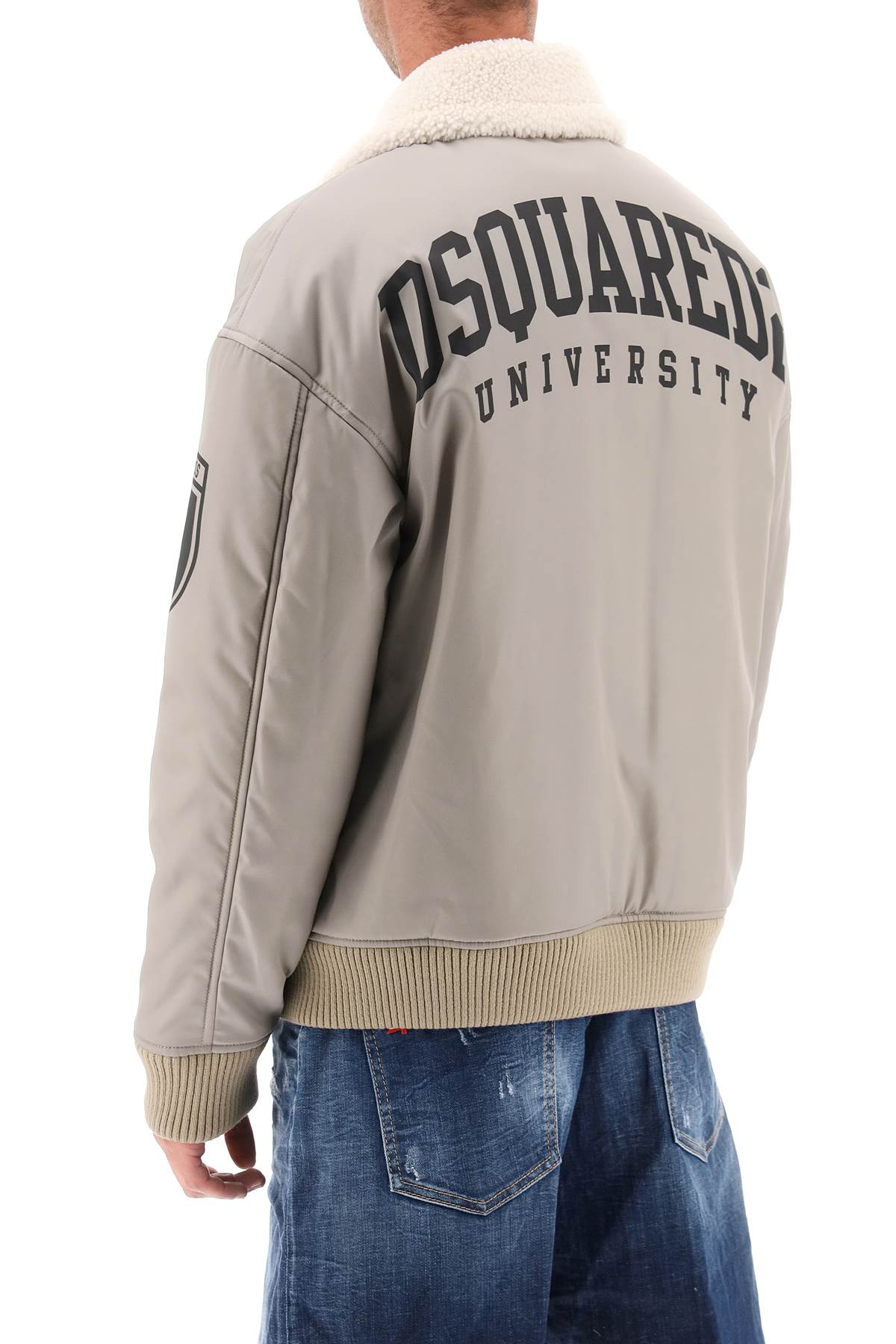 Shop Dsquared2 Padded Bomber Jacket With Collar In Lamb Fur In Stone (grey)