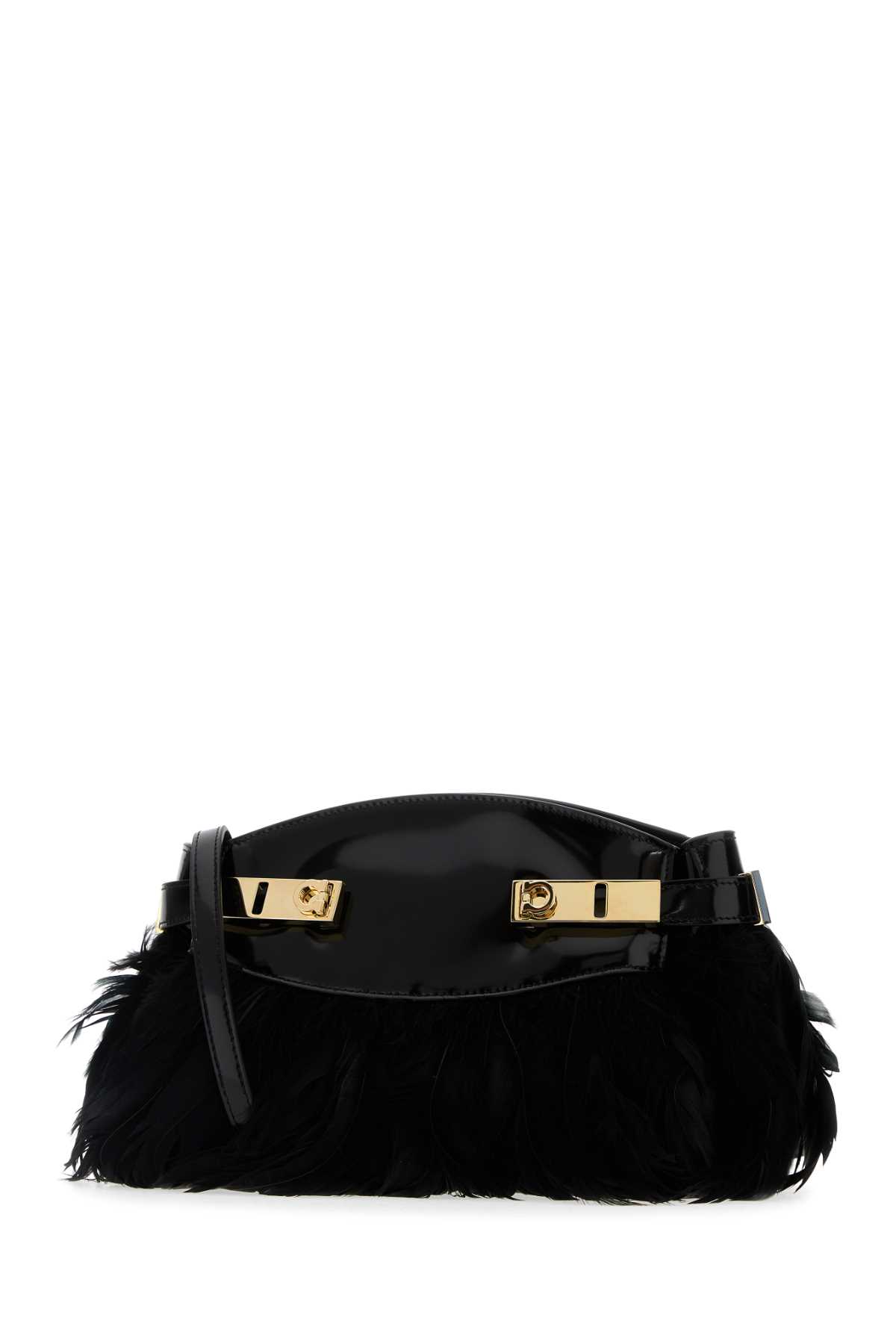 Ferragamo Black Leather And Feathers Hug Clutch In Black