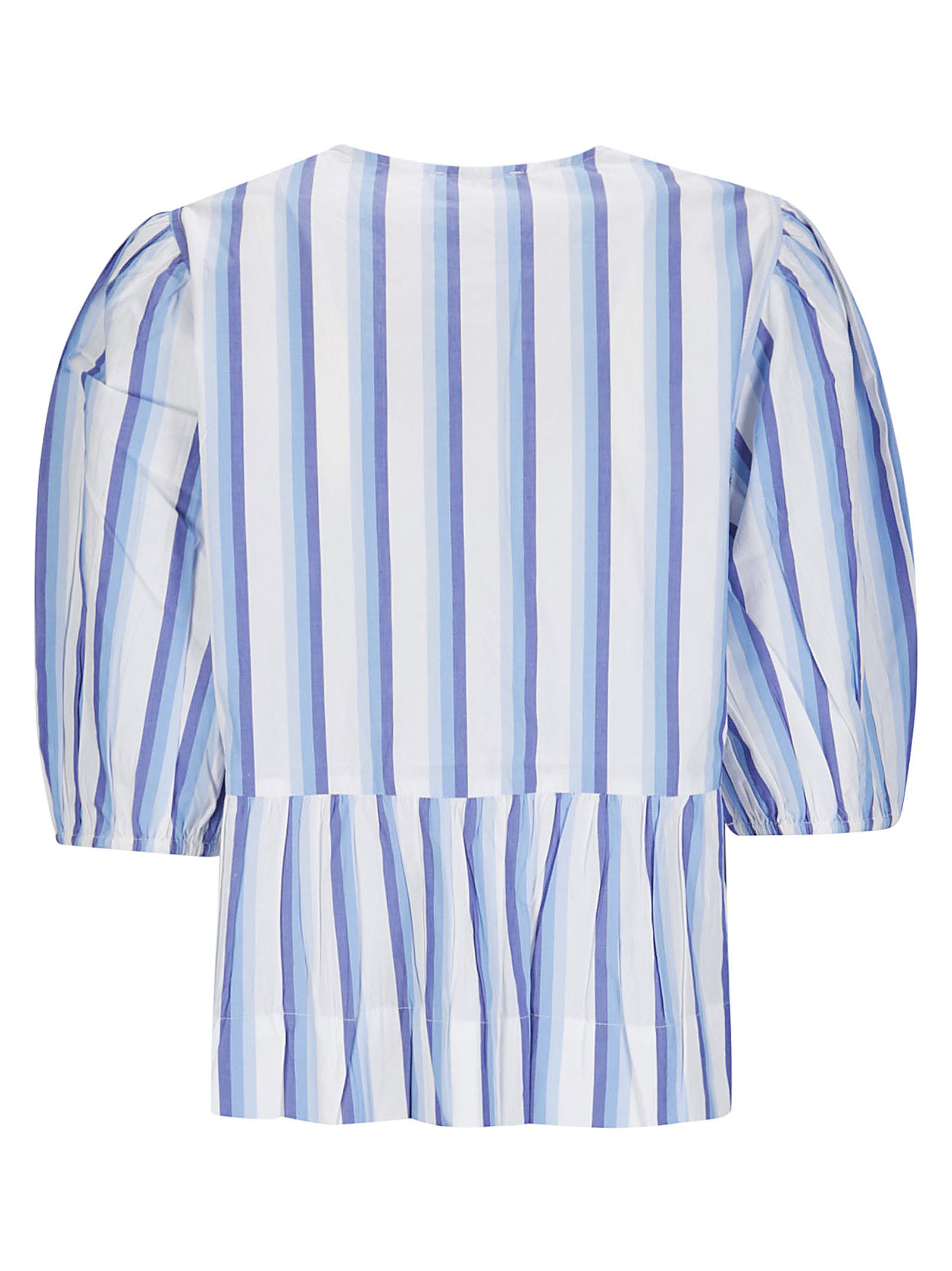 Shop Ganni Stripe Cotton Peplum Puff Sleeve Blouse In Silver Lake Blue