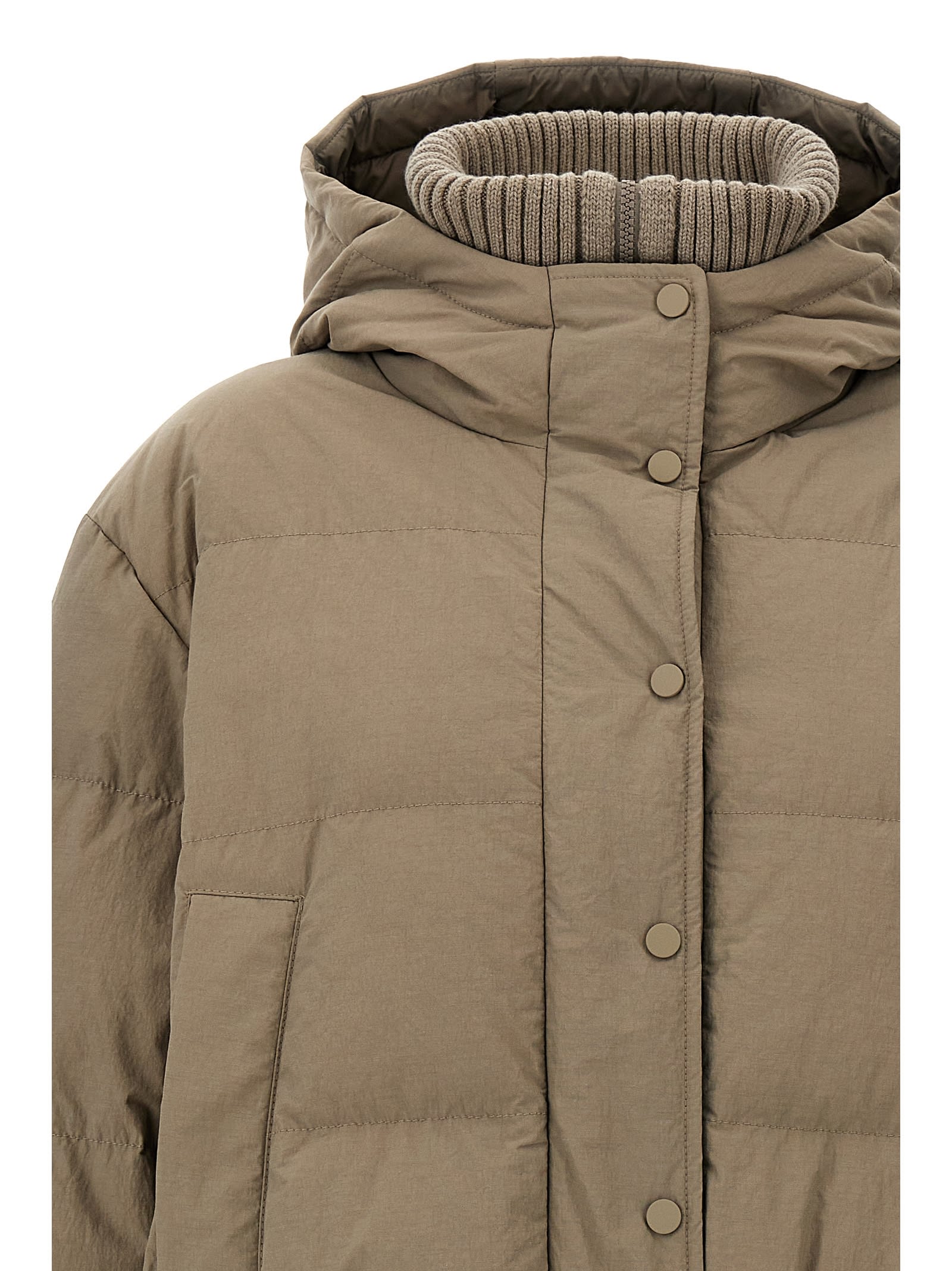 Shop Brunello Cucinelli Hooded Knit Insert Down Jacket In Beige