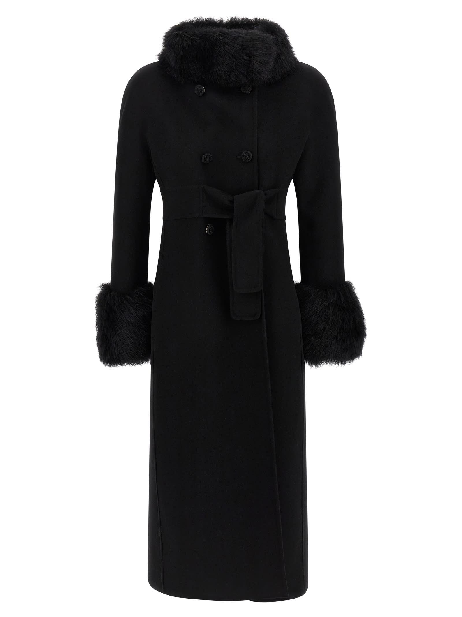 Valentino Womens Nero Fur-embellished Belted Wool And Cashmere Wool Coat In Black