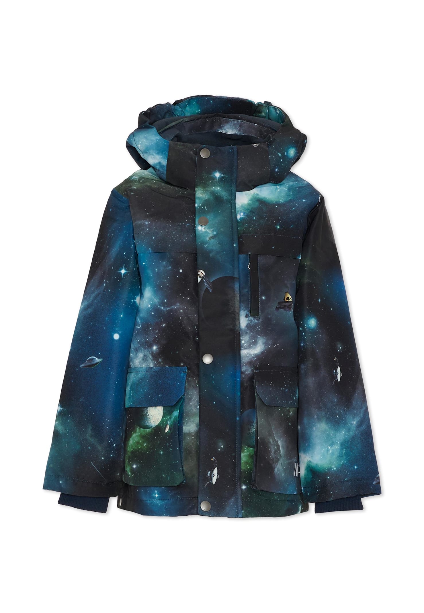 Molo Blue Down Snow Jacket For Boy With Space Print In Blue