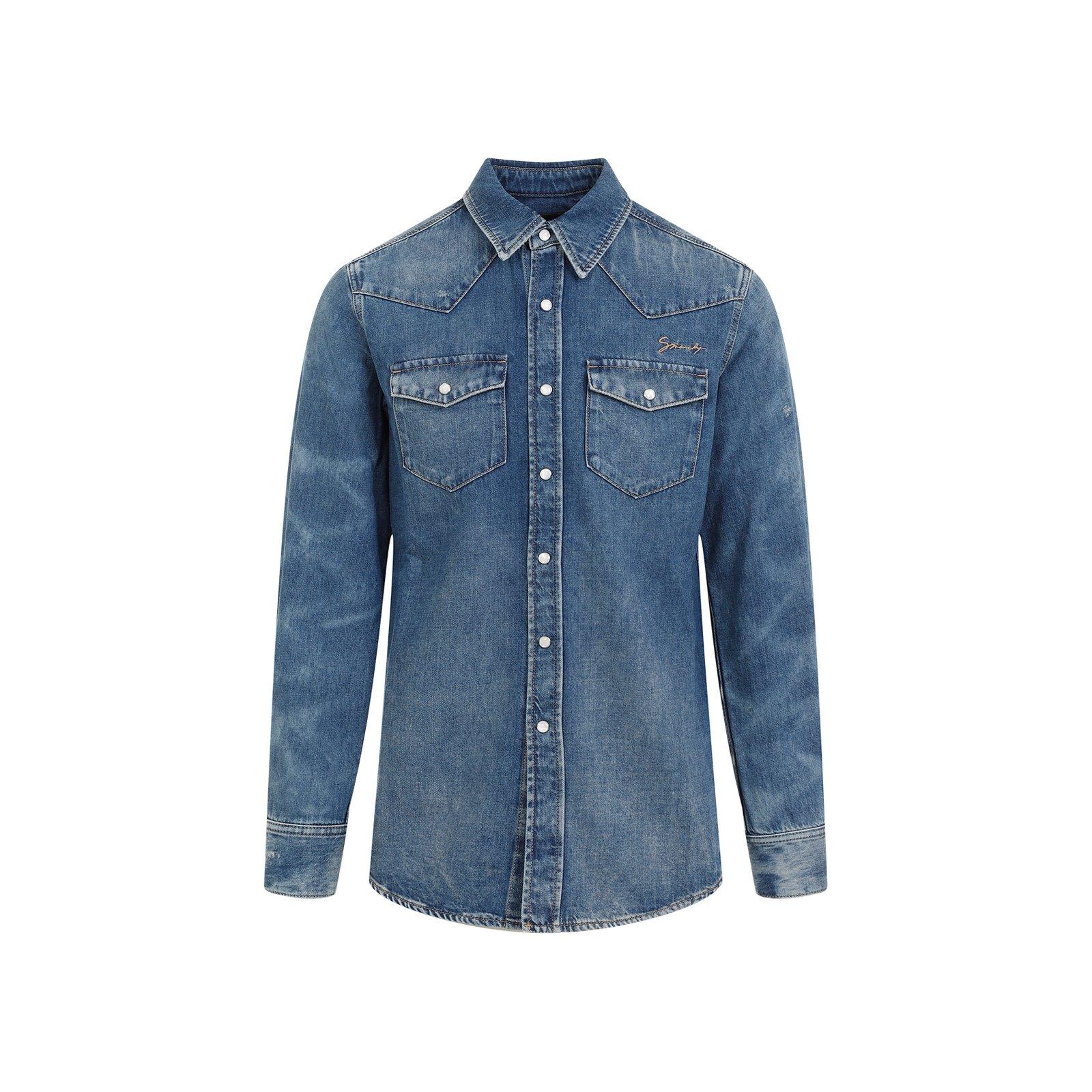 Shop Givenchy Logo Embroidered Buttoned Denim Shirt In Ocean Blue