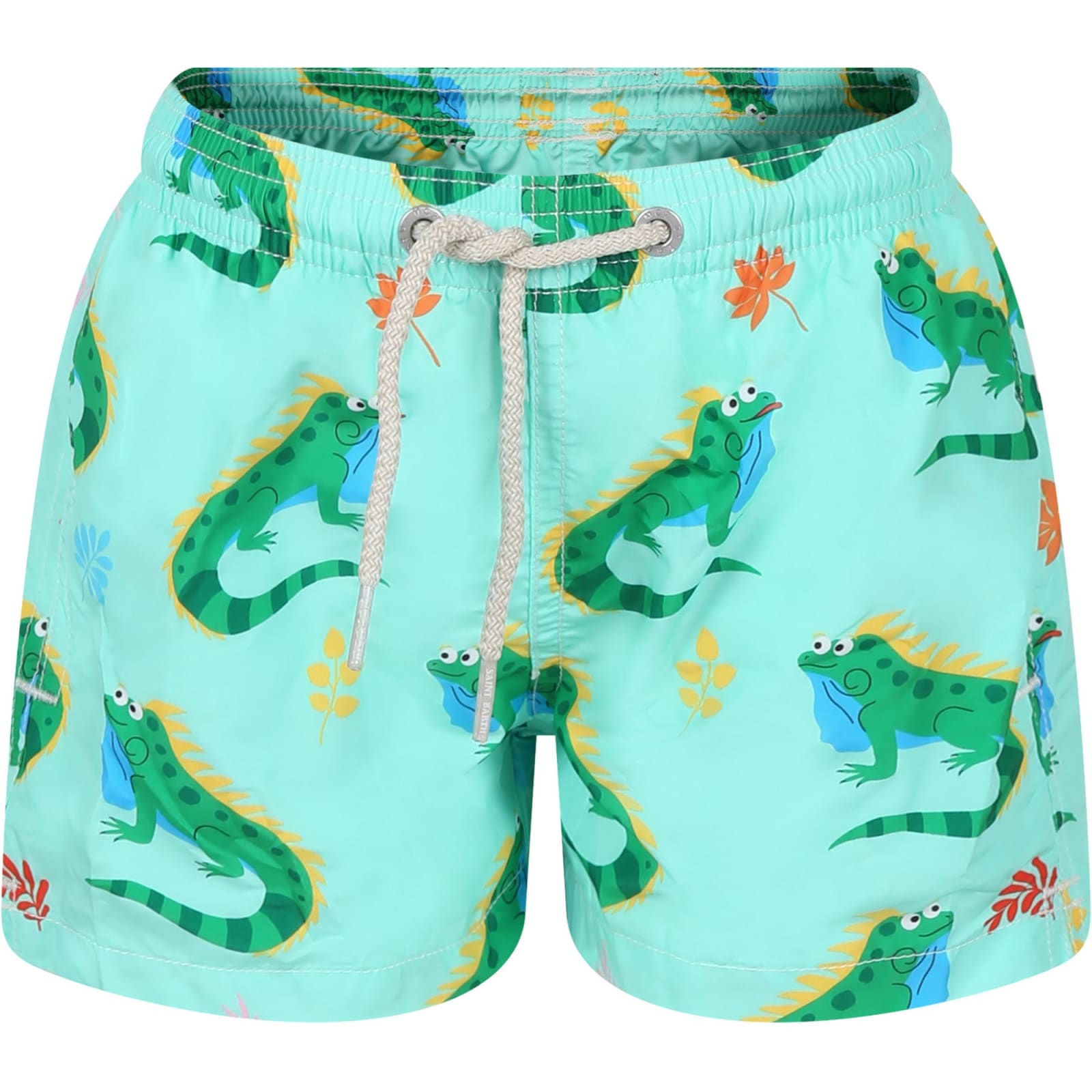 Mc2 Saint Barth Kids' Green Swimshorts For Boy With Iguana Print And Logo