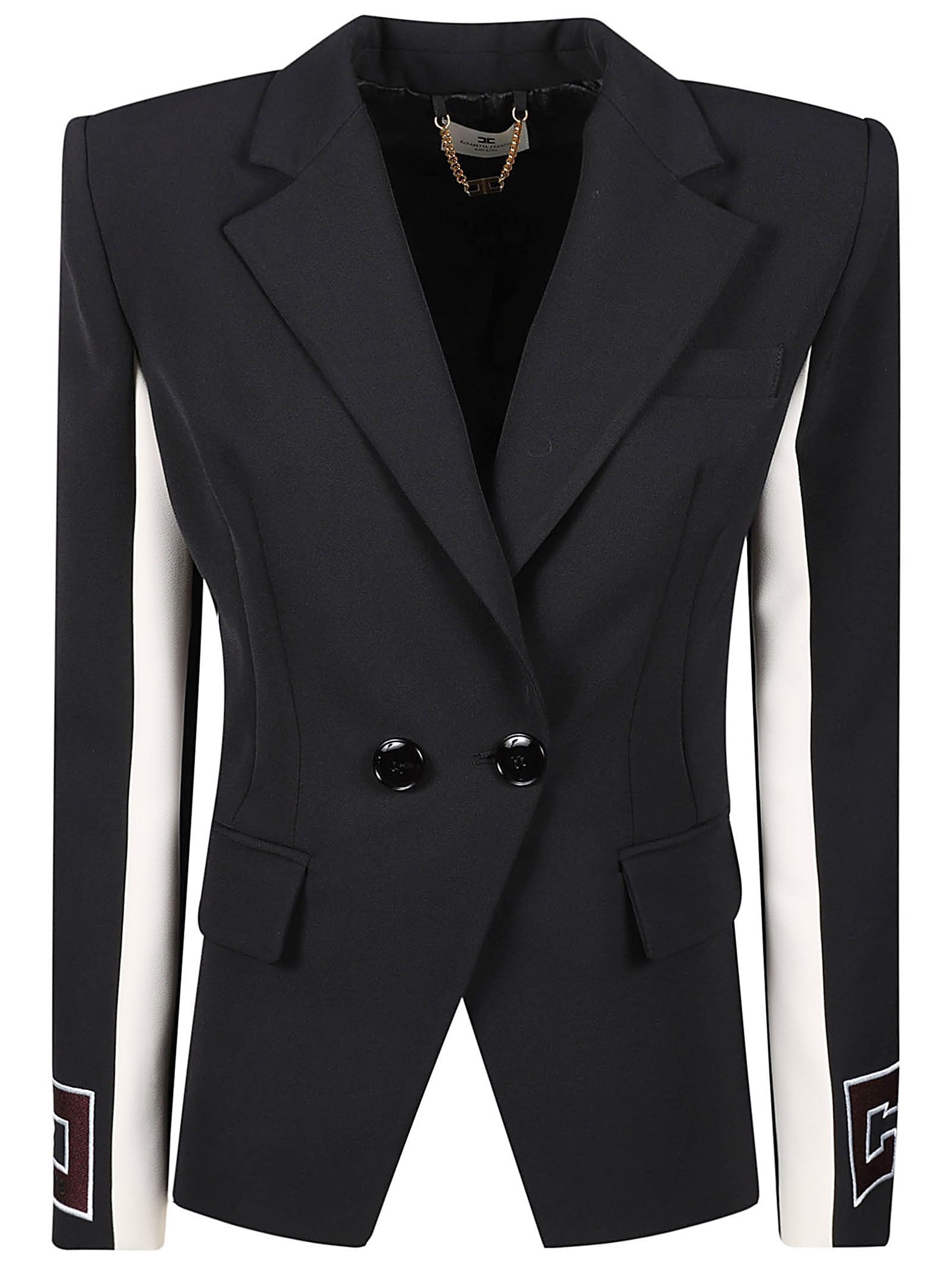 Shop Elisabetta Franchi Logo-patch Double Breasted Blazer In Nero/burro