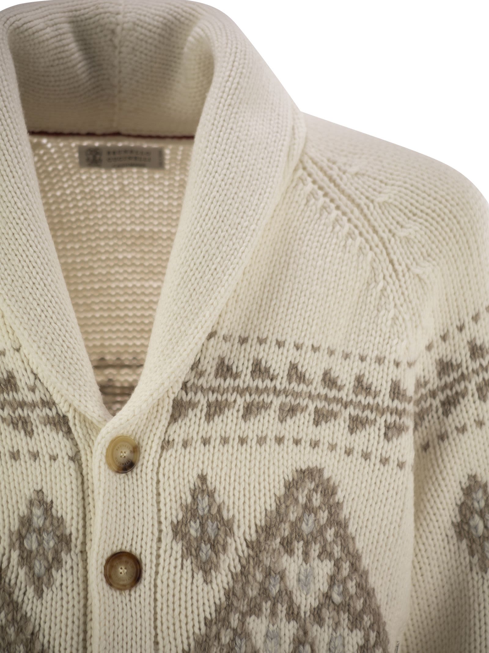 Shop Brunello Cucinelli Geometric Jacquard Cashmere Feather Cardigan With Shawl Collar In Blue