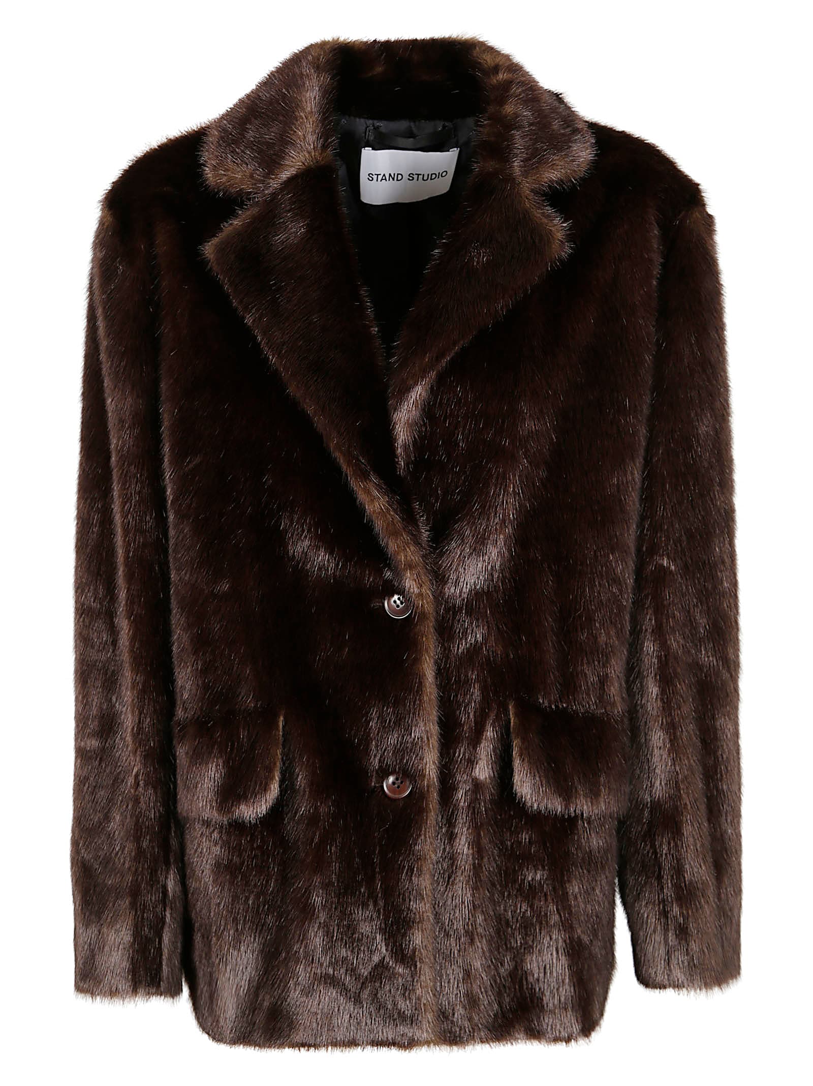 Stand Studio Mid-length Plush Faux Fur Jacket In Brown