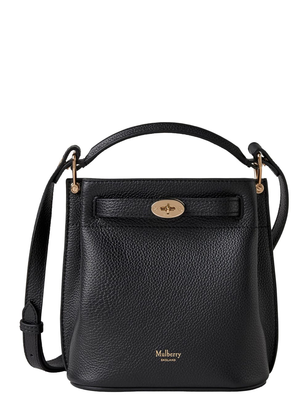 Mulberry islington Mini Black Bucket Bag With Turn-lock Closure And Logo In Textured Leather Woman