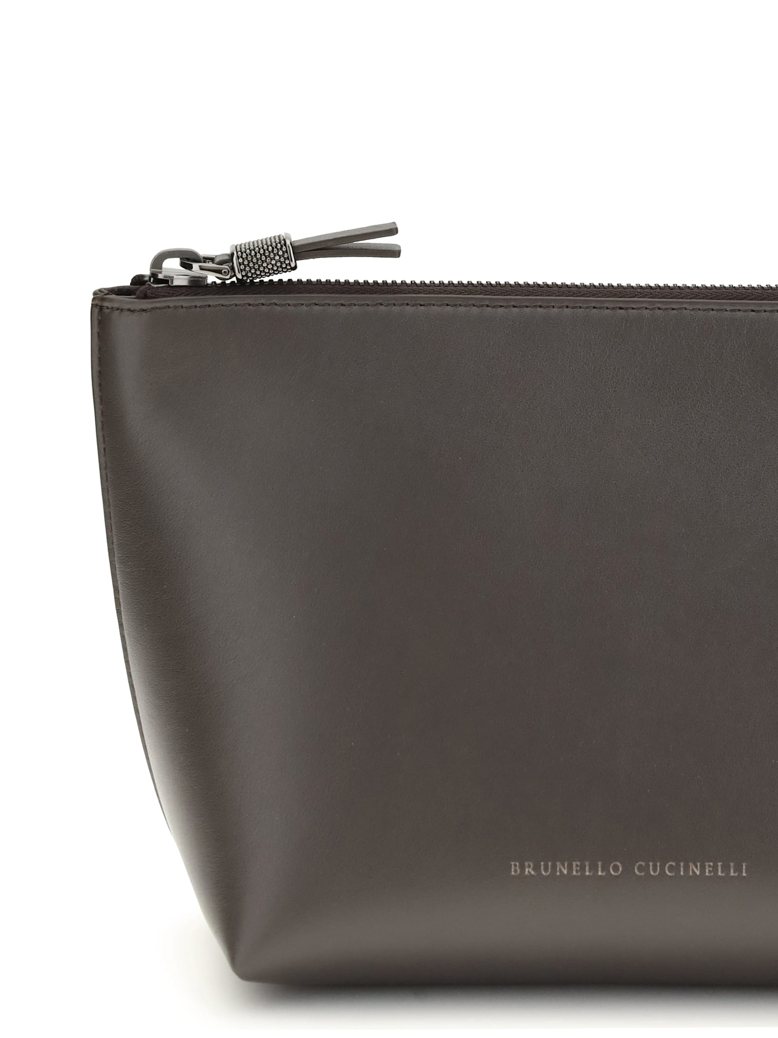 Brunello Cucinelli Leather Pouch With Shiny Zipper Pull In Neutral