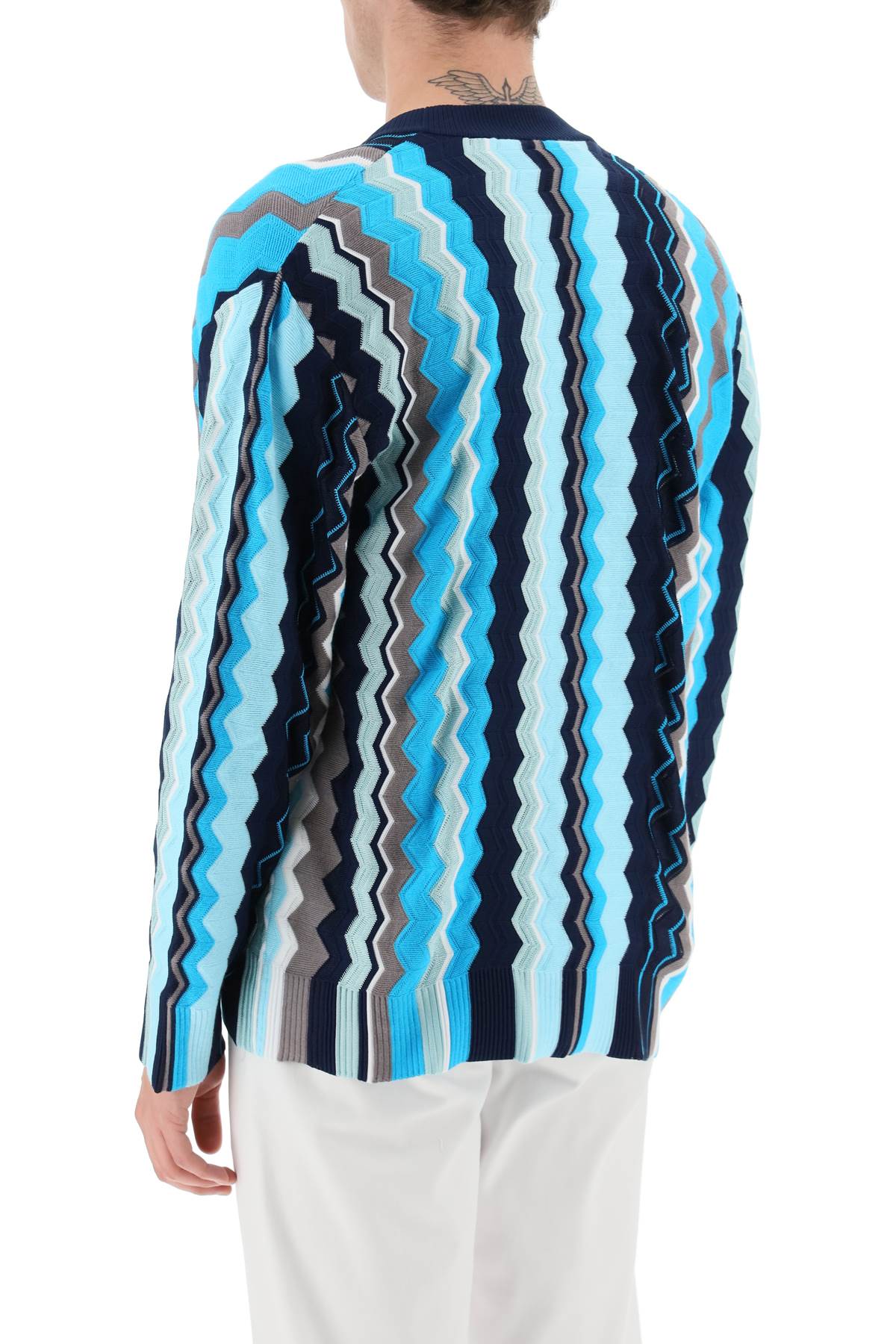 Shop Missoni Patterned Cardigan In White And Blue Tones (blue)