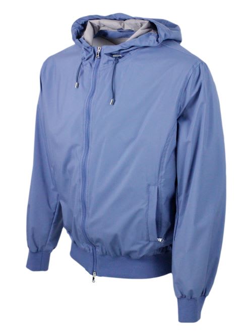 Shop Barba Napoli Lightweight Bomber Jacket In Windproof Technical Fabric With Hood With Zip Closure And Knitted Cuffs In Blu Light