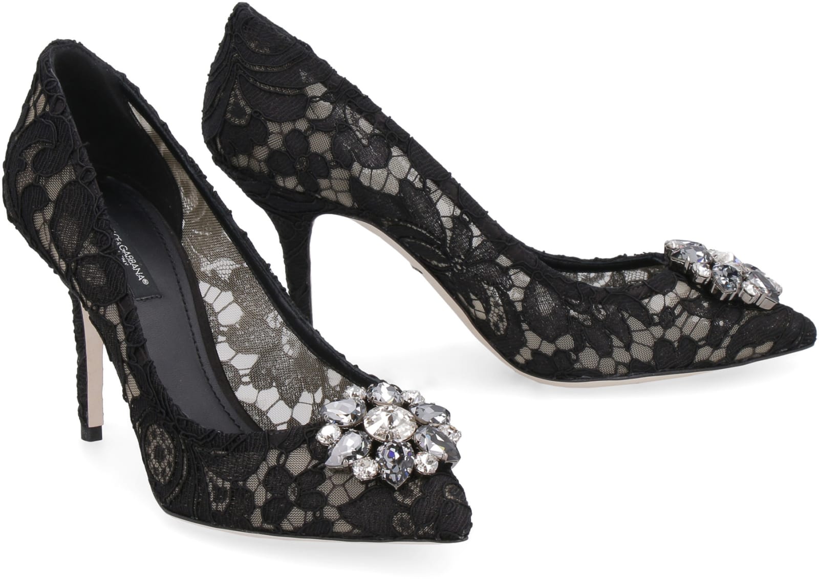 Dolce & Gabbana Embellished Lace Overlay Kitten Heel Pumps In Black