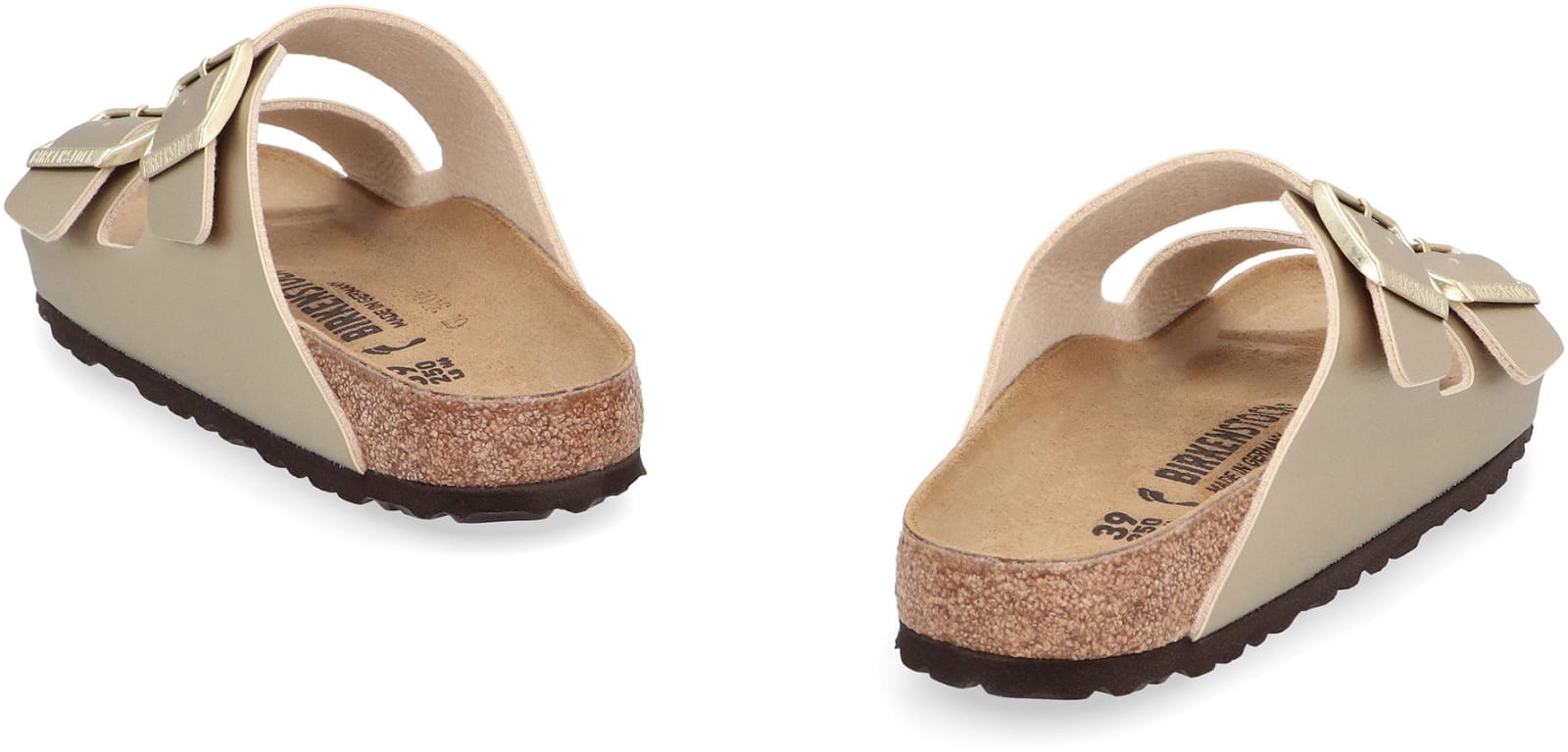 Shop Birkenstock Arizona Bs Leather Slides With Buckle In Gold