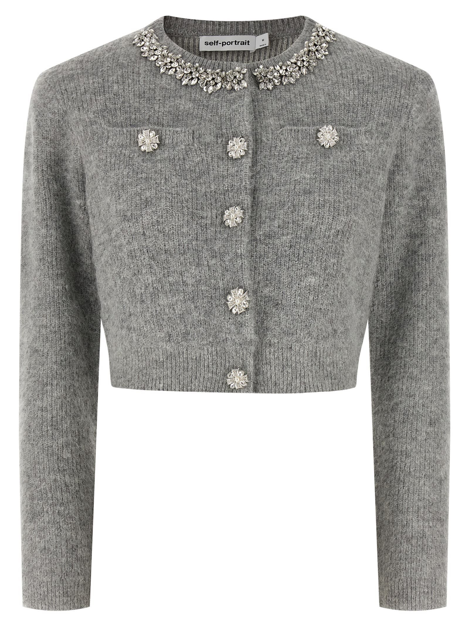 Self-portrait Grey Fluffy Crystal Trim Cardigan In Gray