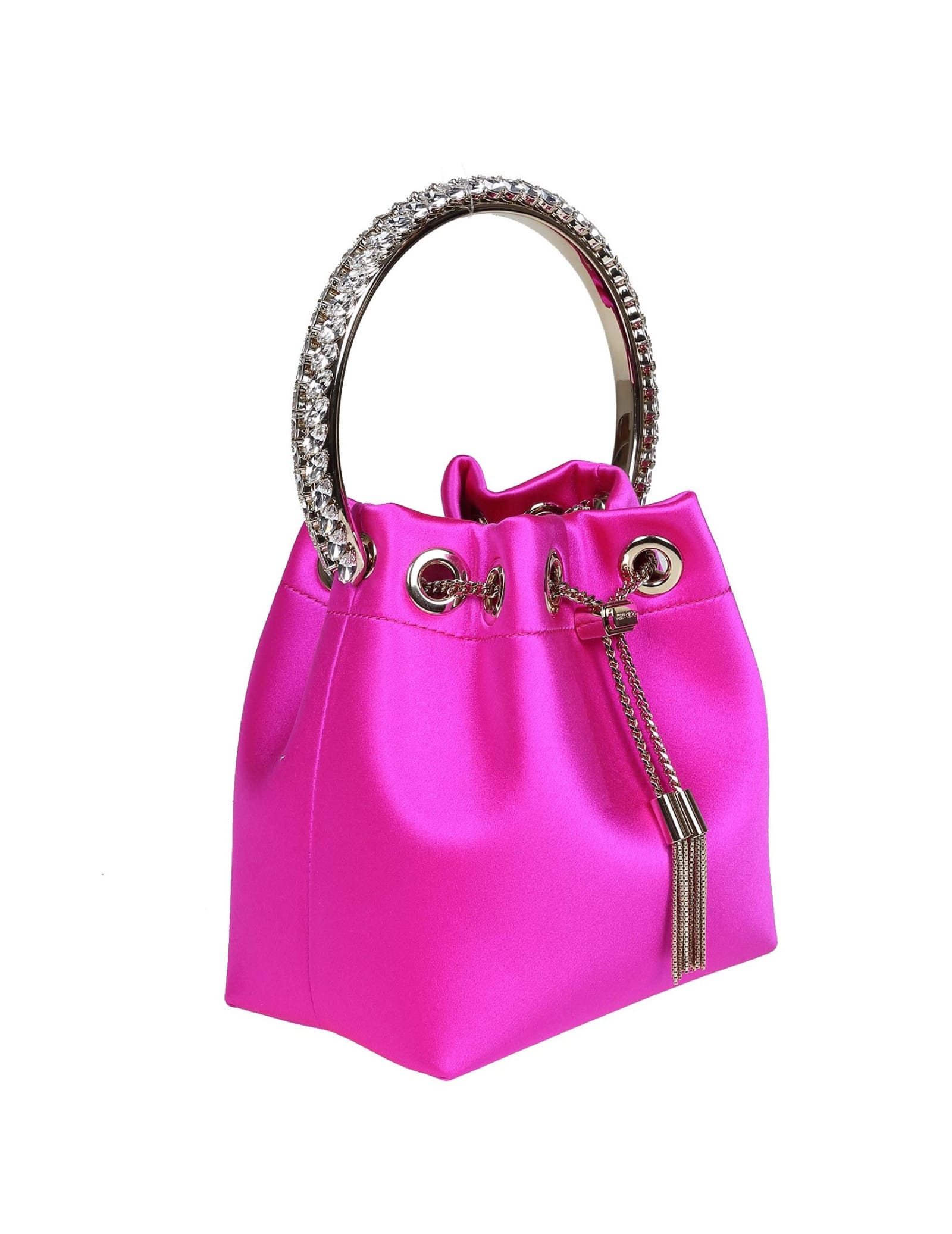 Jimmy Choo Satin Crystal Bon Bon Bucket Bag In Black