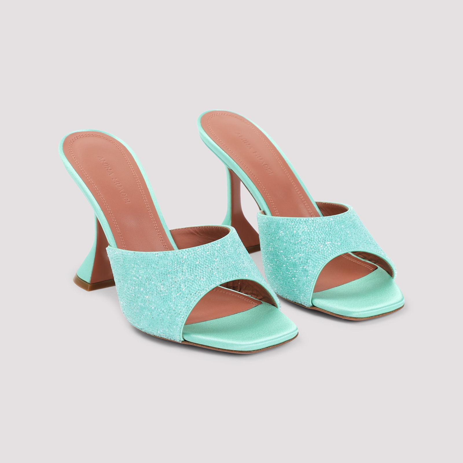 Amina Muaddi Satin Open-toe Sandals With Crystal Embellishments In Mint