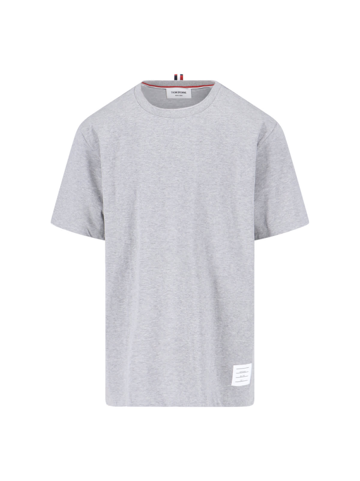 Thom Browne Grey Crewneck T-shirt With Logo Patch On The Front And Striped Detail On The Rear In Cotton Man