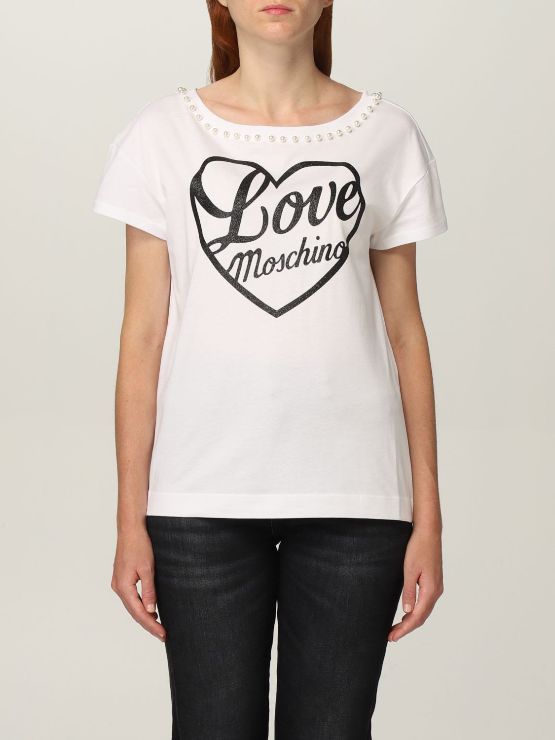 Love Moschino T-shirt Half Sleeve Crew Neck With Glitter Logo Print And Pearls