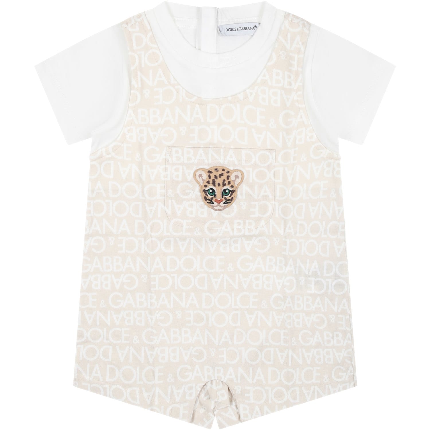 Dolce & Gabbana Beige Romper For Babies With Tiger And All-over Logo