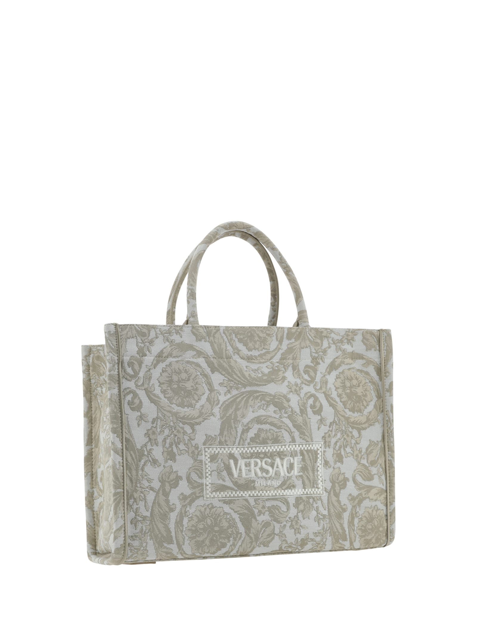 Shop Versace Athena Handbag In Beige+beige- Gold