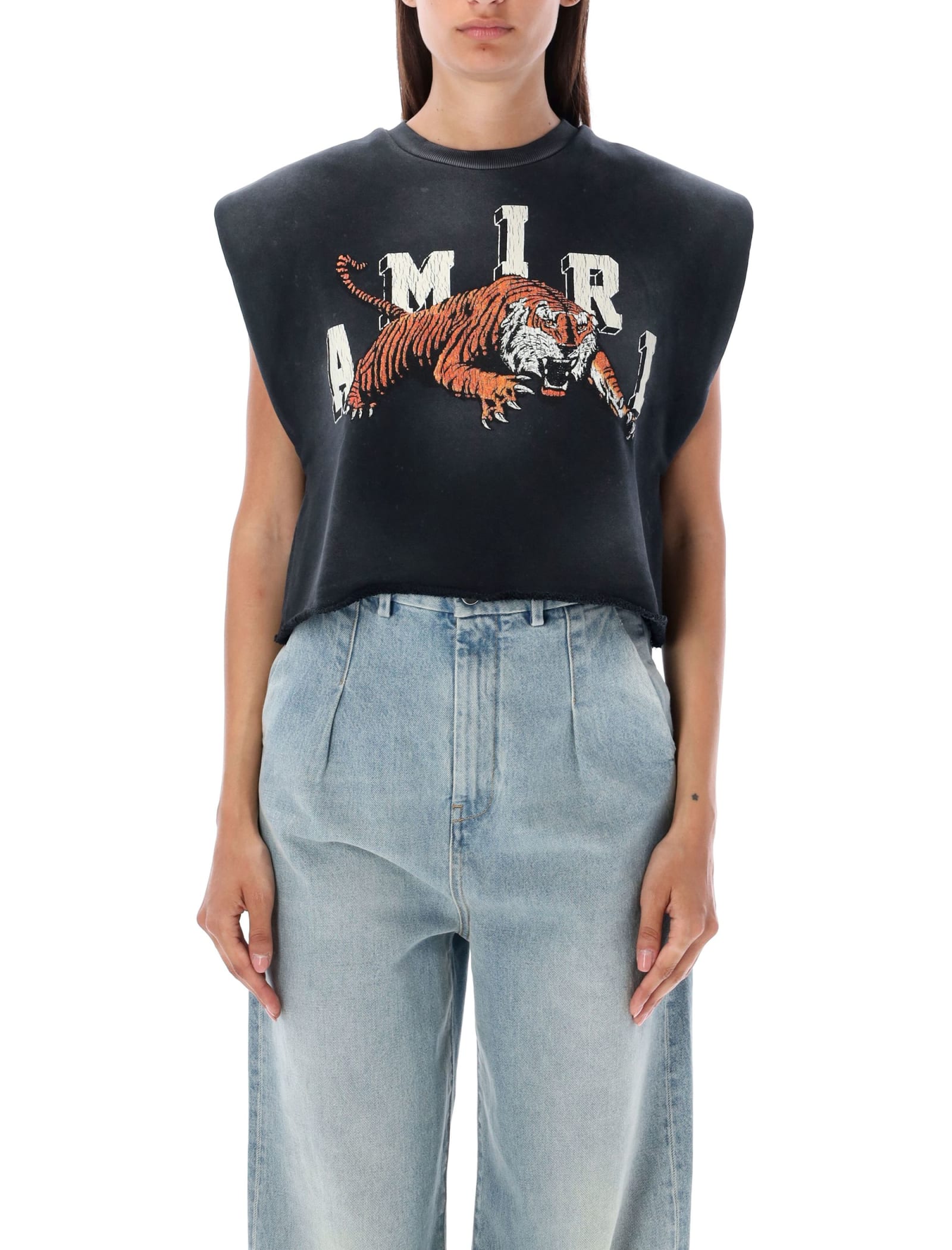 Amiri Tiger-print Cropped T-shirt In Black