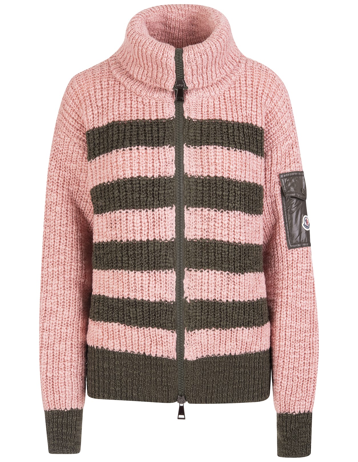 Moncler Woman Green And Antique Pink Striped Wool And Cotton Cardigan