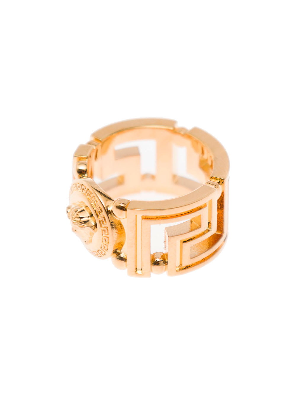 Shop Versace Squareed Greca Gold Metal Ring Woman